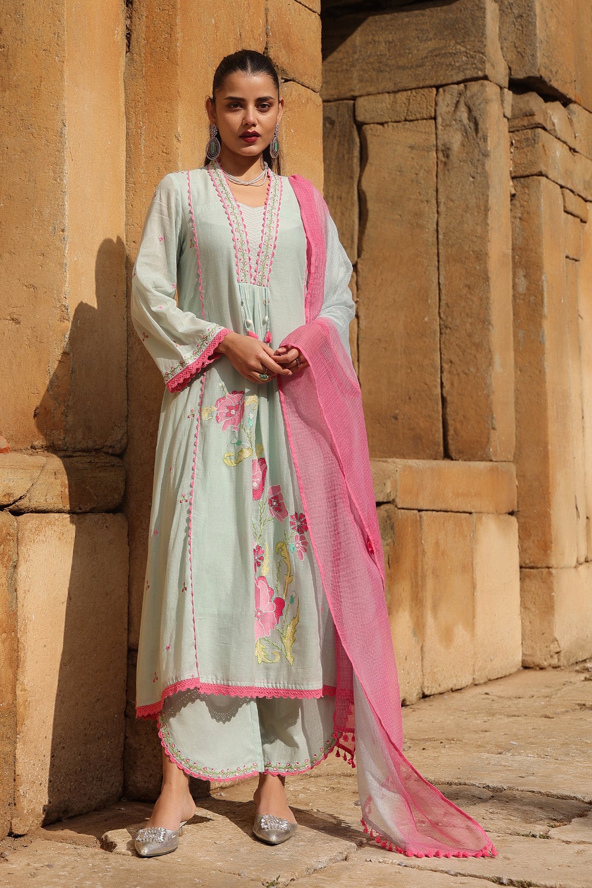 GREEN MULMUL A -LINE KURTA WITH PANT AND DUPATTA