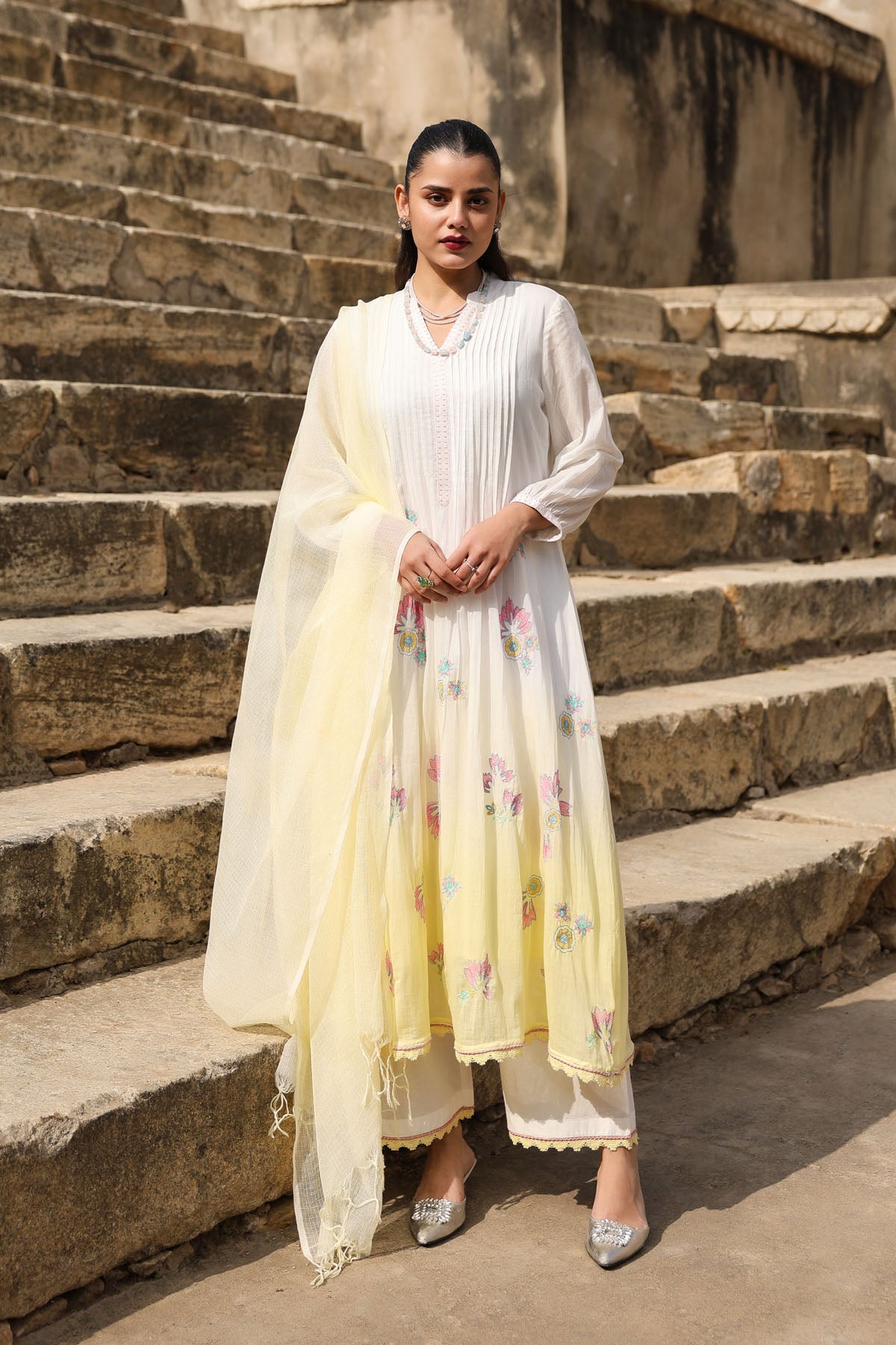 WHITE AND YELLOW MULMUL A -LINE KURTA WITH PANT AND DUPATTA