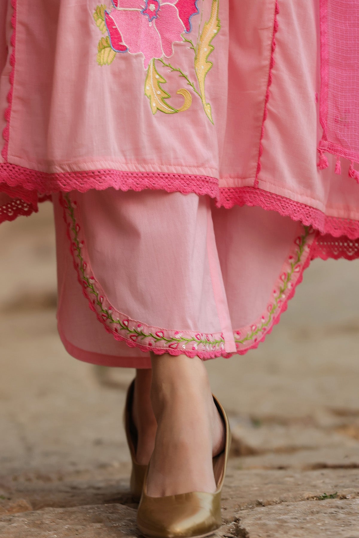 PINK MULMUL A -LINE KURTA WITH PANT AND DUPATTA