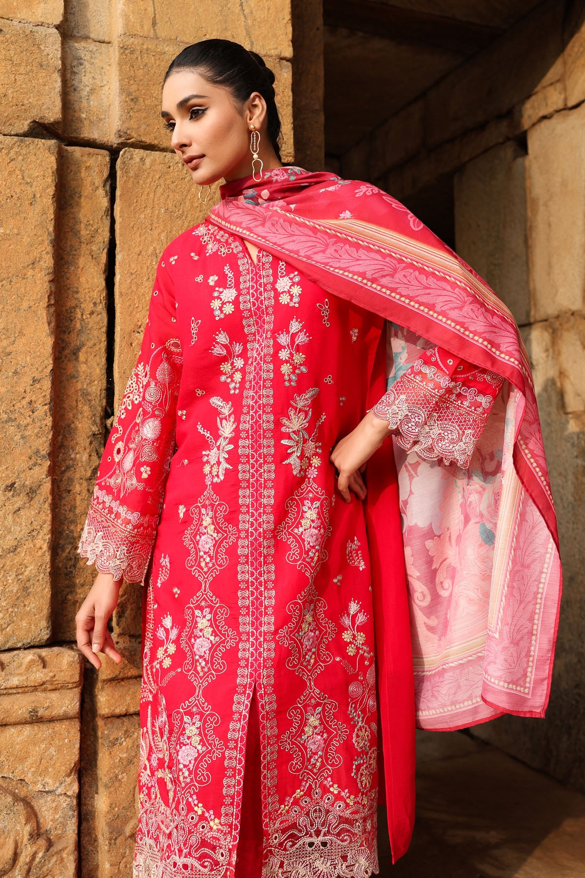 PINK MUL CHANDERI STRAIGHT KURTA WITH PANT AND DUPATTA