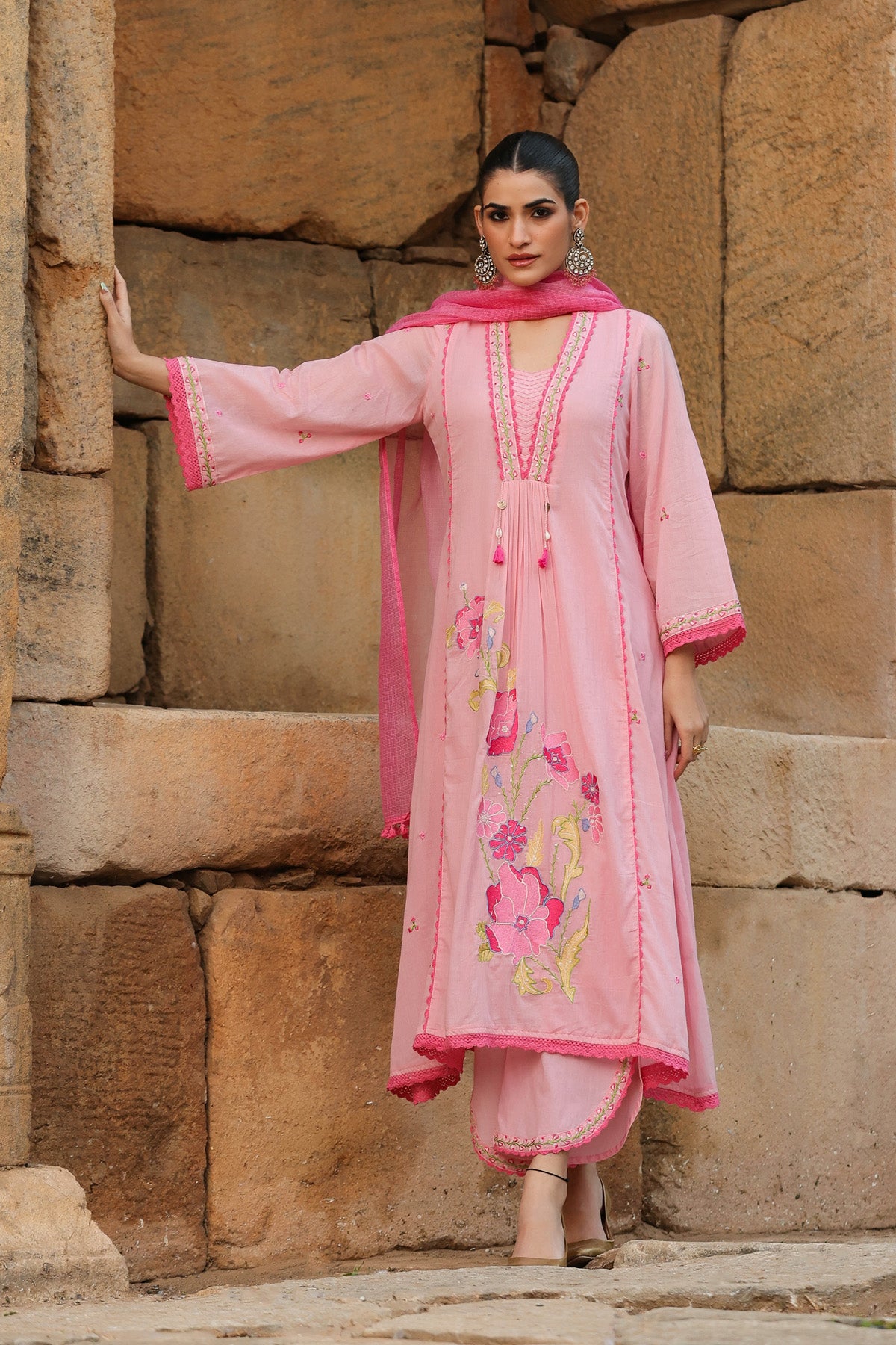PINK MULMUL A -LINE KURTA WITH PANT AND DUPATTA