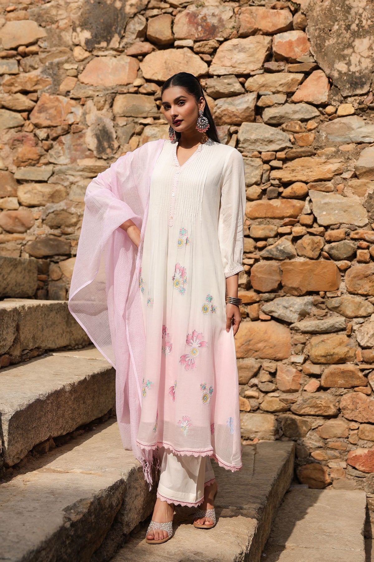 WHITE AND PINK MUL MUL A -LINE KURTA WITH PANT AND DUPATTA
