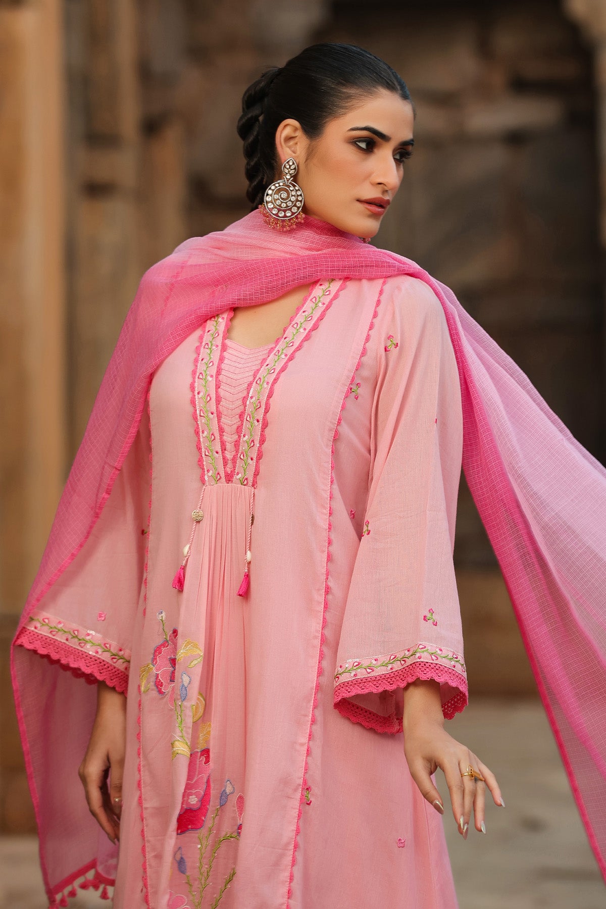 PINK MULMUL A -LINE KURTA WITH PANT AND DUPATTA