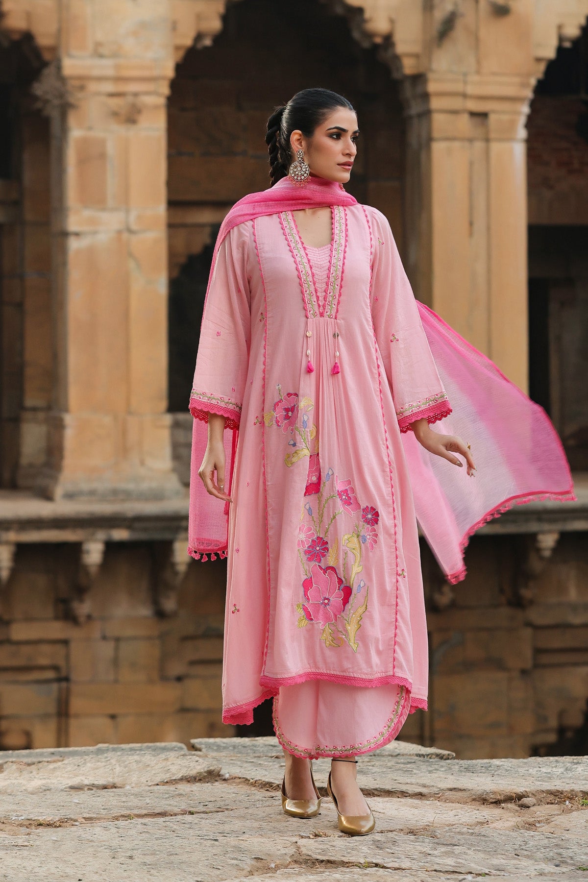 PINK MULMUL A -LINE KURTA WITH PANT AND DUPATTA