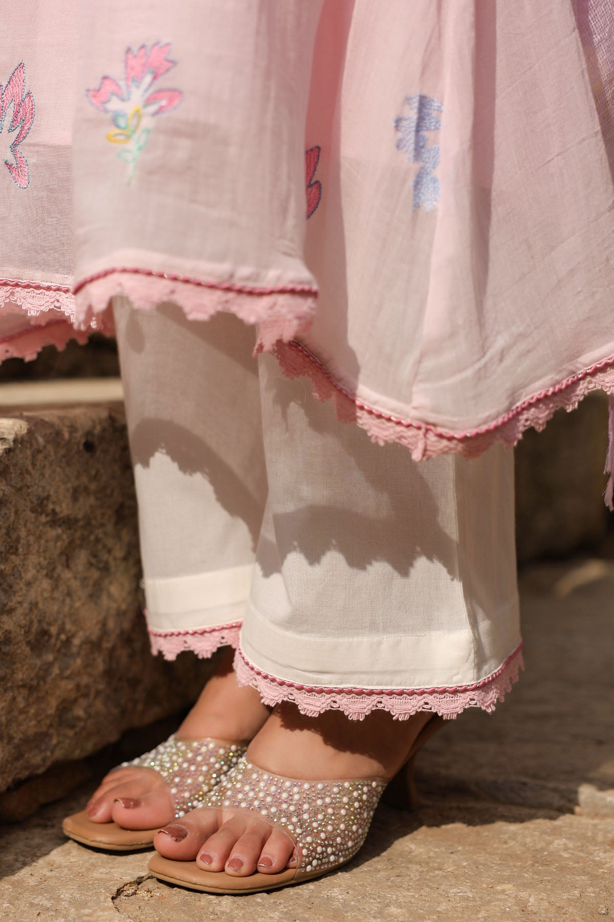 WHITE AND PINK MUL MUL A -LINE KURTA WITH PANT AND DUPATTA