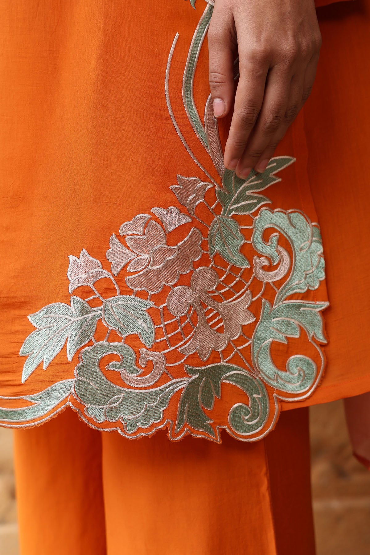ORANGE MUL CHANDERI STRAIGHT KURTA WITH PANT AND DUPATTA