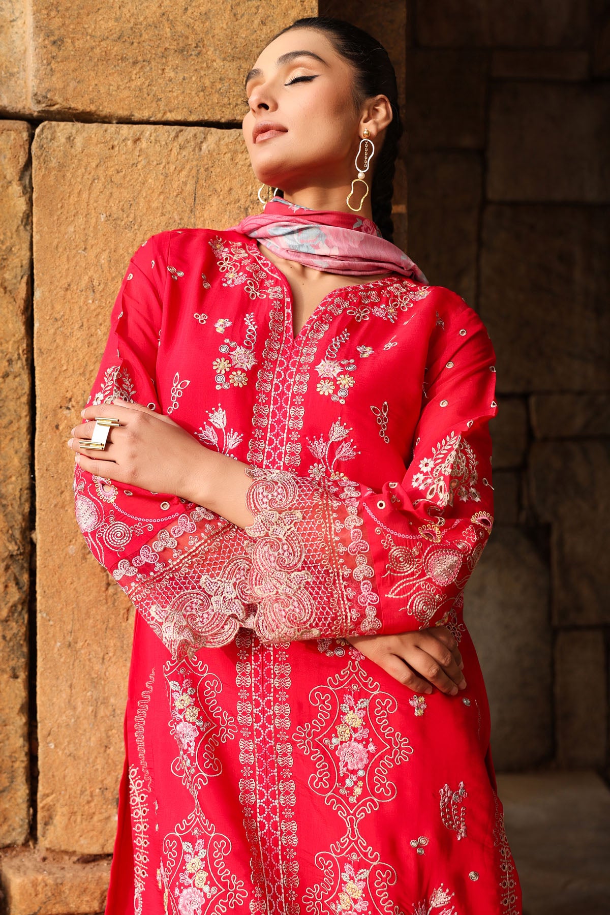 PINK MUL CHANDERI STRAIGHT KURTA WITH PANT AND DUPATTA