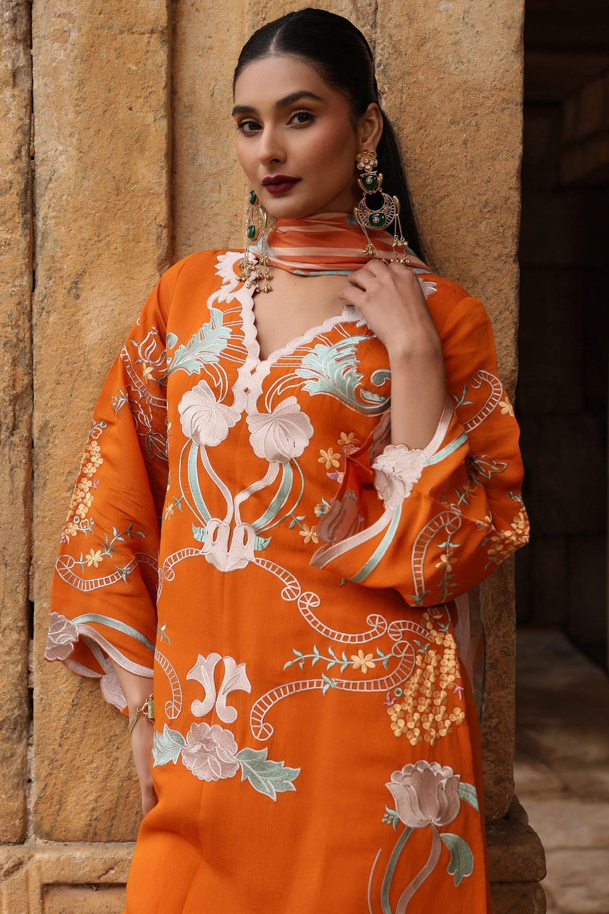 ORANGE MUL CHANDERI STRAIGHT KURTA WITH PANT AND DUPATTA