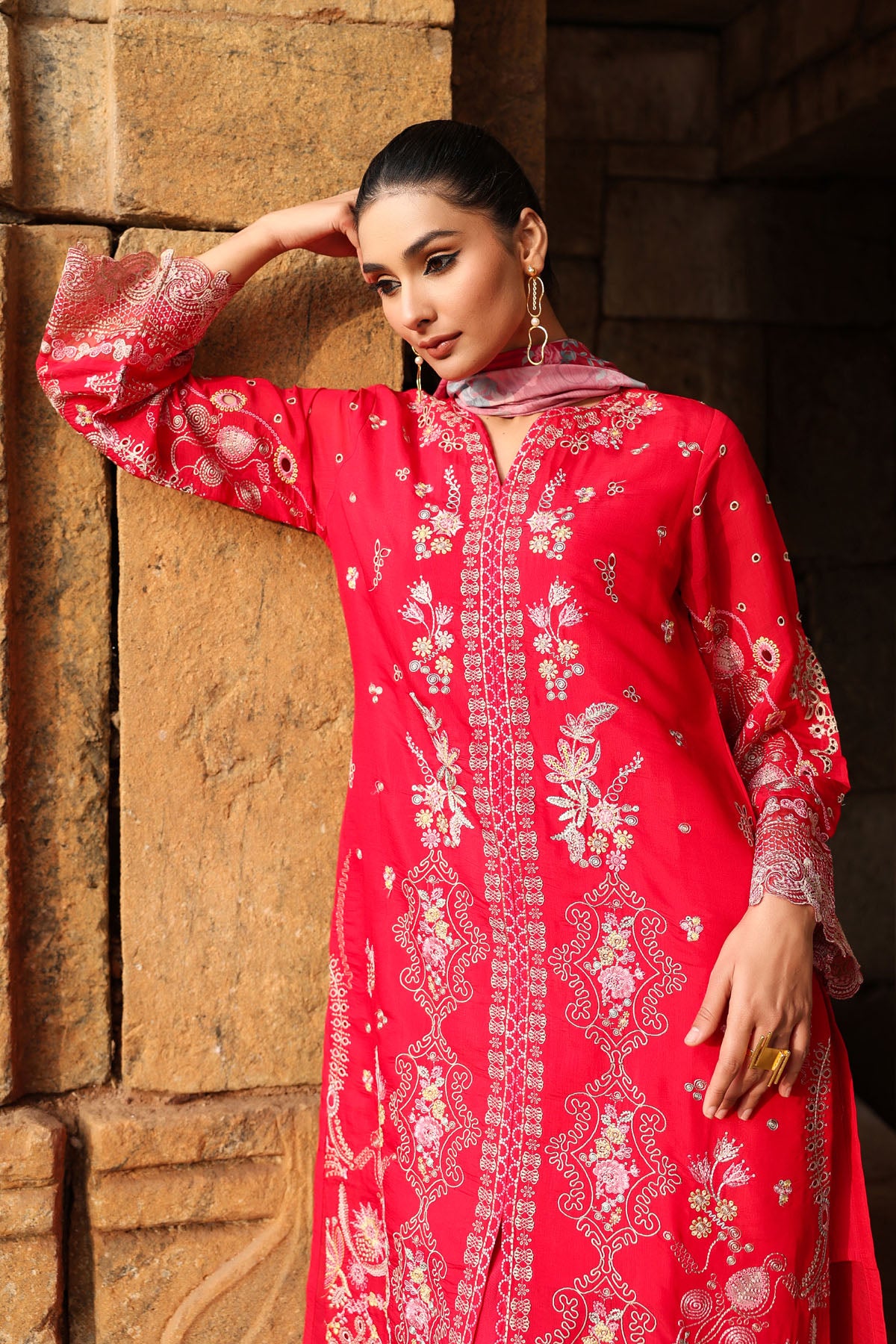 PINK MUL CHANDERI STRAIGHT KURTA WITH PANT AND DUPATTA