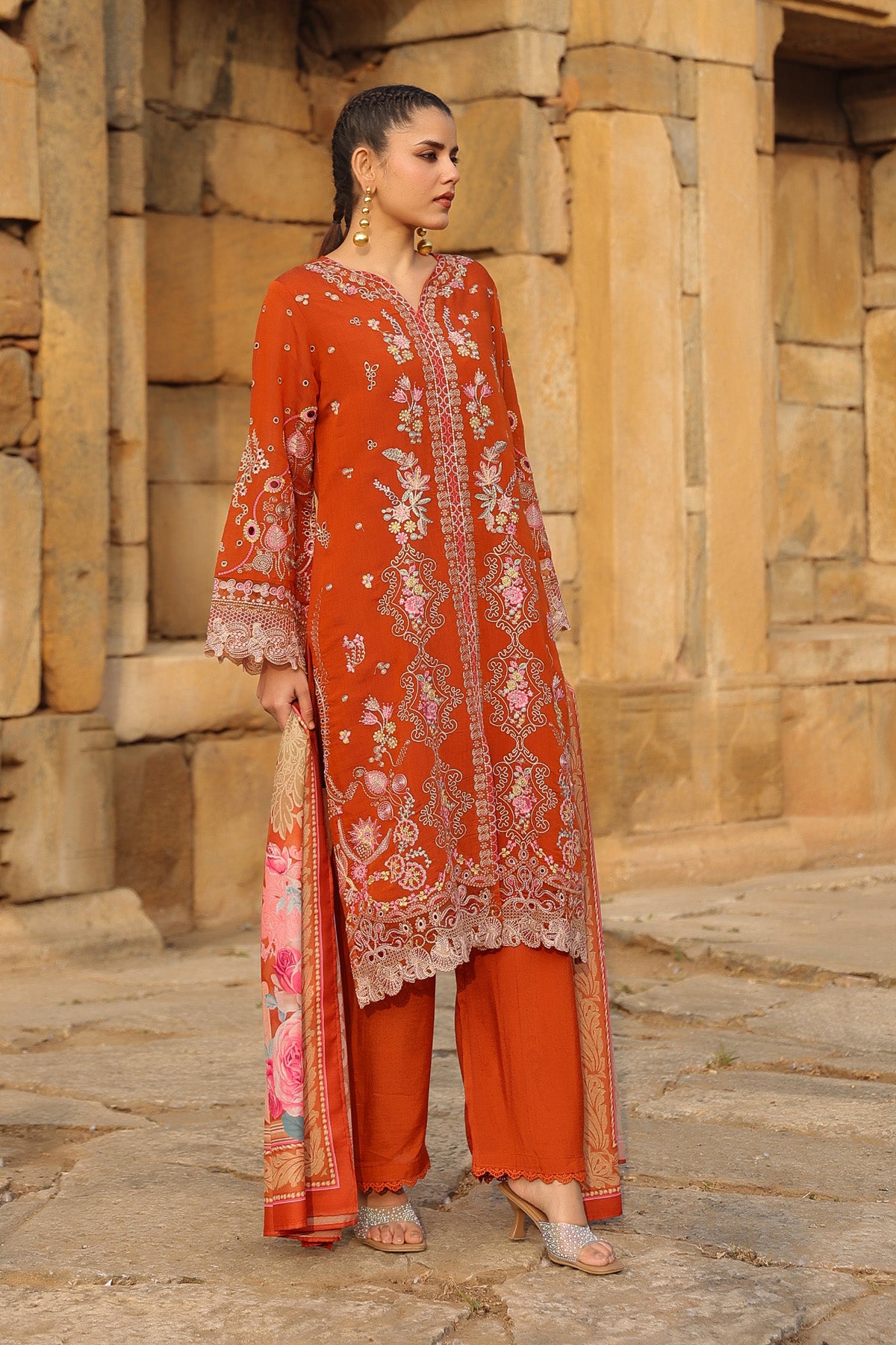 RUST MUL CHANDERI STRAIGHT KURTA WITH PANT AND DUPATTA