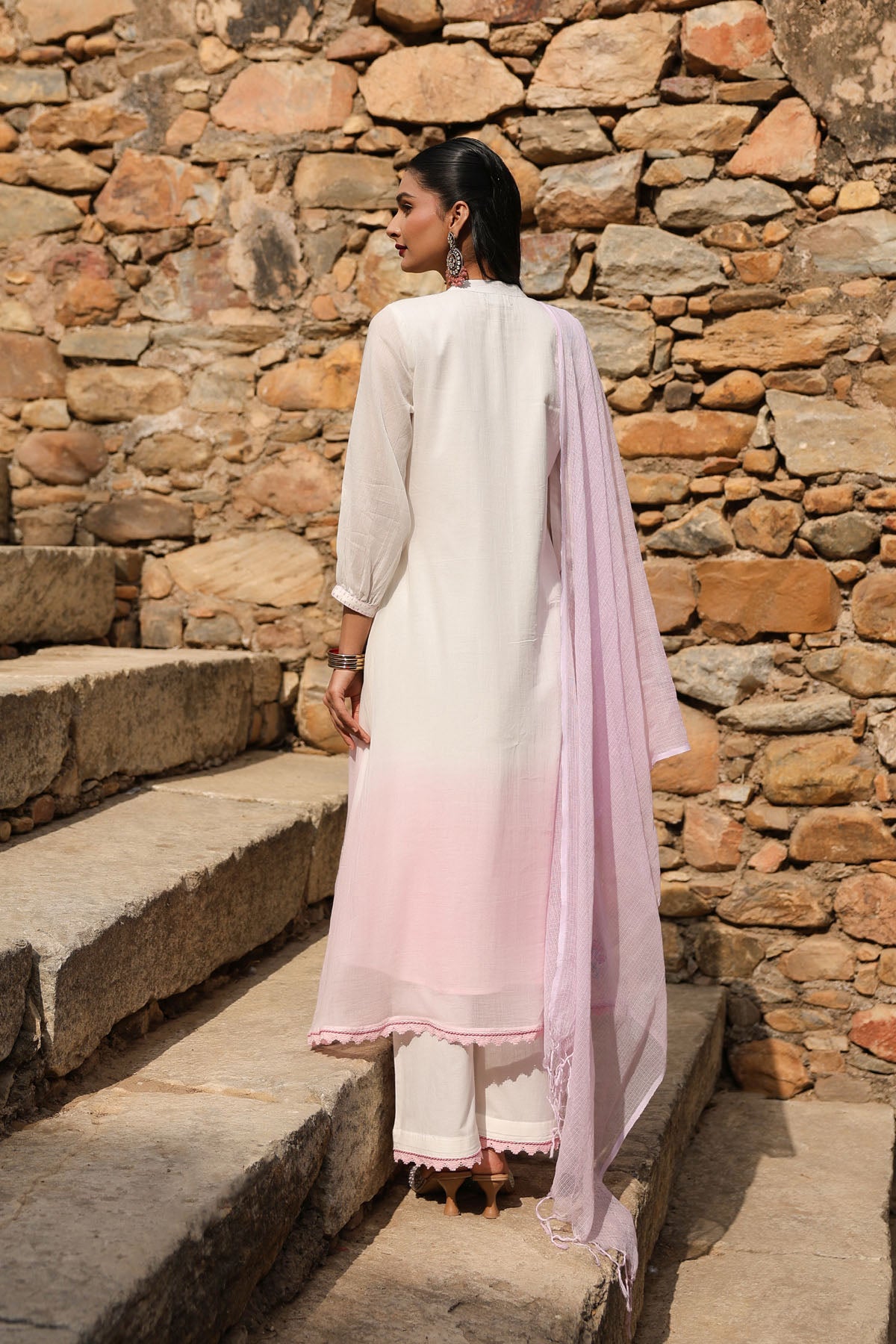WHITE AND PINK MUL MUL A -LINE KURTA WITH PANT AND DUPATTA