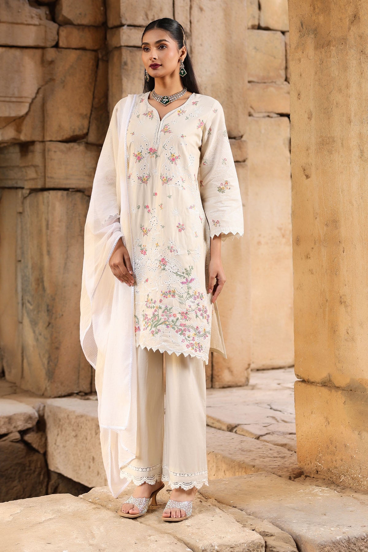 WHITE COTTON STRAIGHT KURTA WITH PANT AND DUPATTA