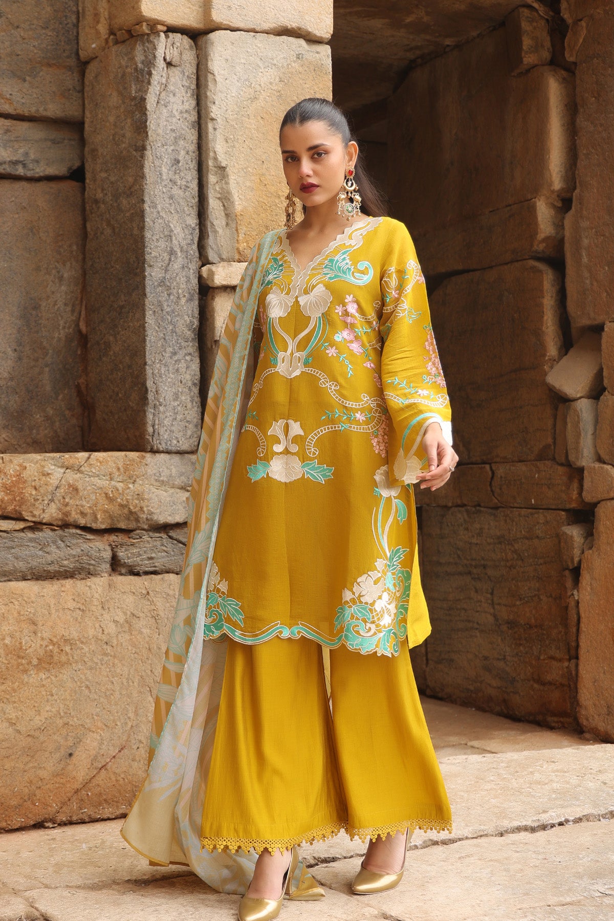 YELLOW MUL CHANDERI STRAIGHT KURTA WITH PANT AND DUPATTA