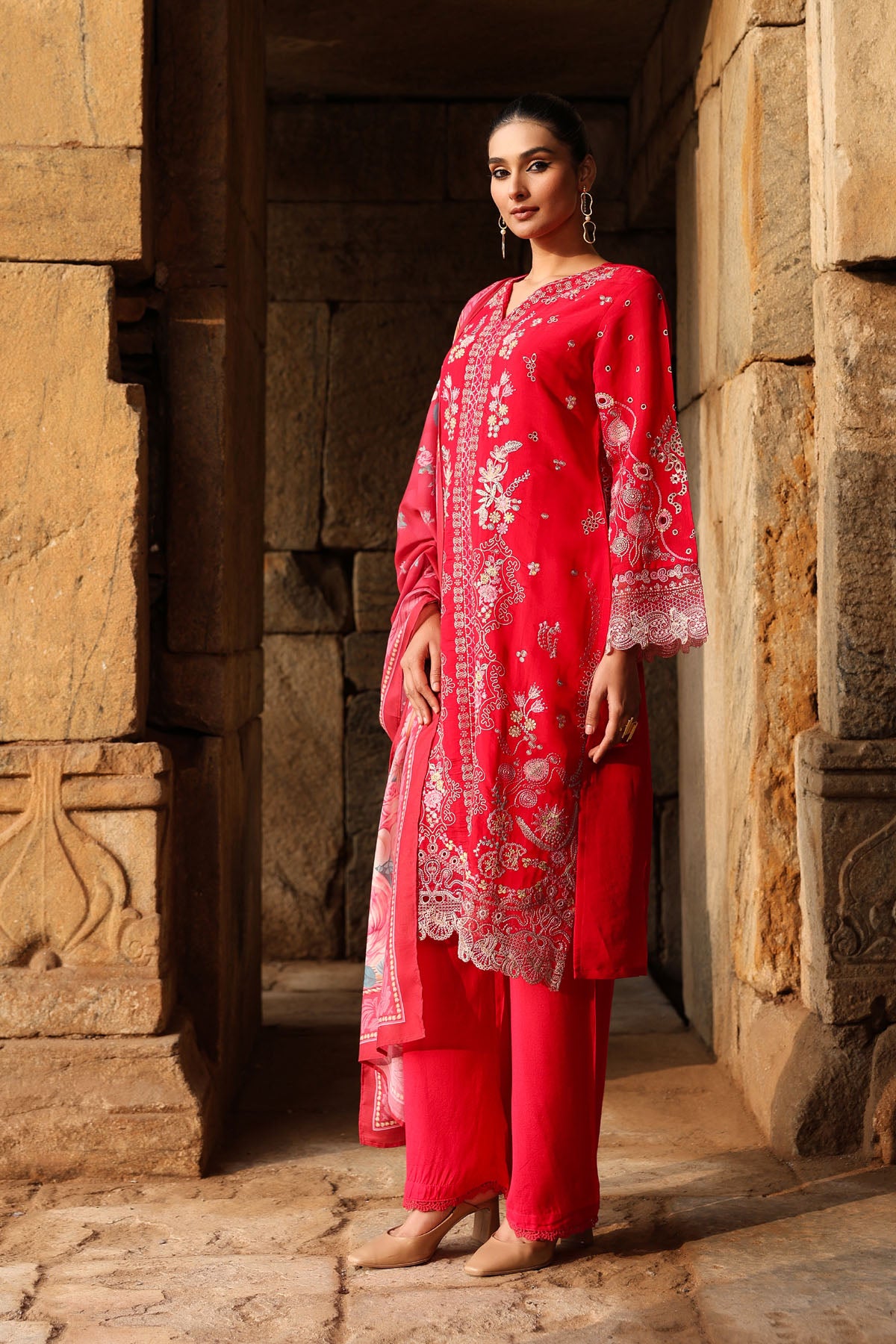 PINK MUL CHANDERI STRAIGHT KURTA WITH PANT AND DUPATTA