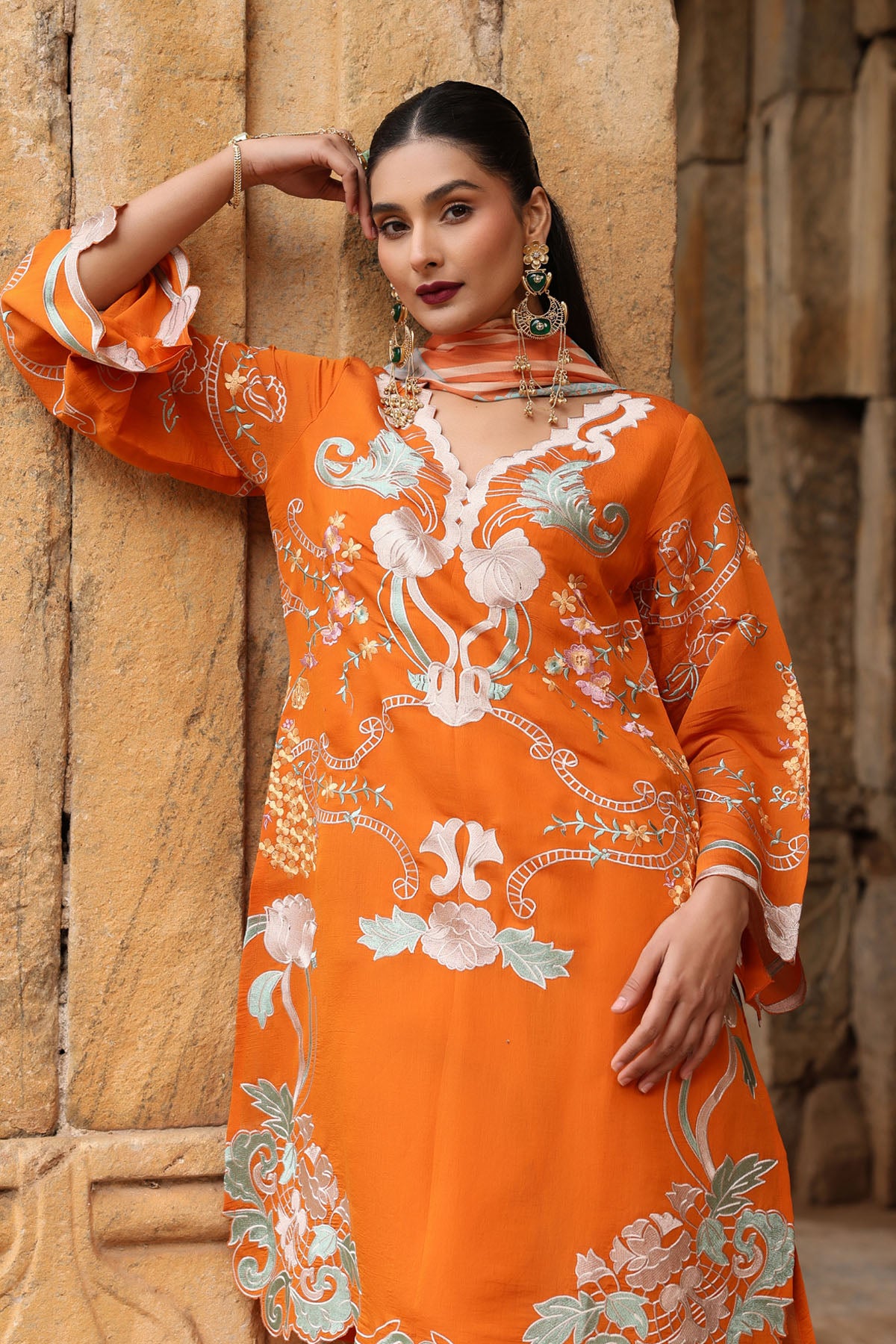 ORANGE MUL CHANDERI STRAIGHT KURTA WITH PANT AND DUPATTA