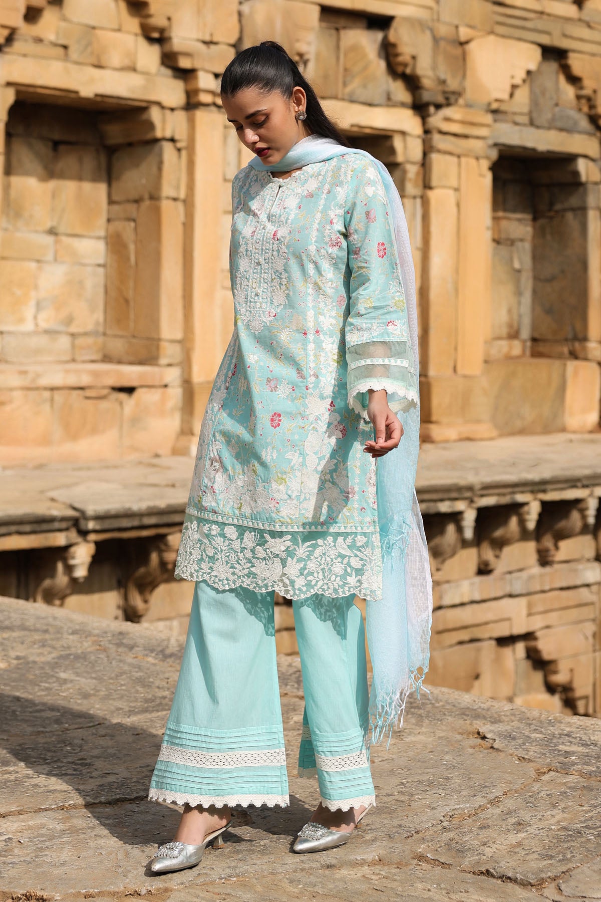 SKY COTTON STRAIGHT KURTA WITH PANT AND DUPATTA