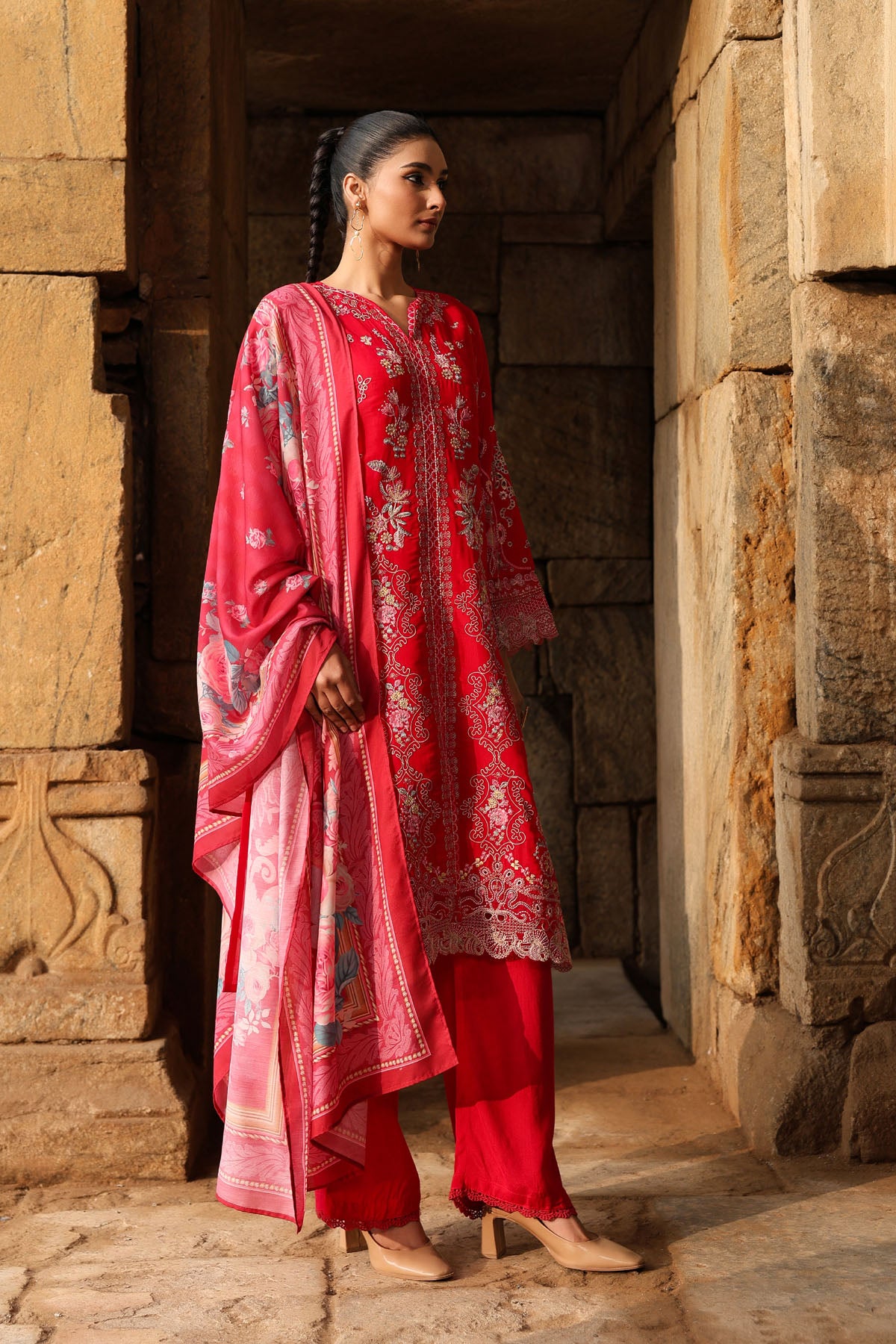 PINK MUL CHANDERI STRAIGHT KURTA WITH PANT AND DUPATTA