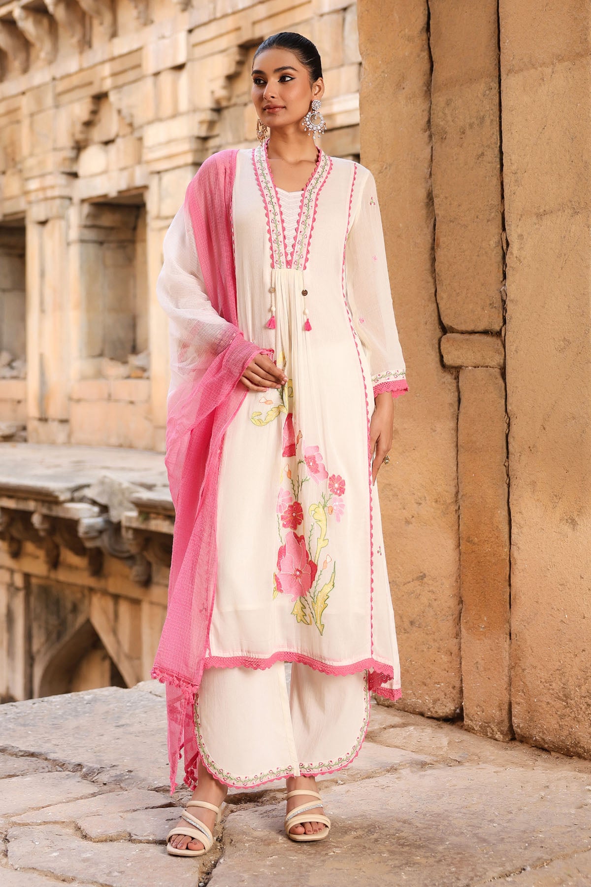 WHITE MULMUL A -LINE KURTA WITH PANT AND DUPATTA