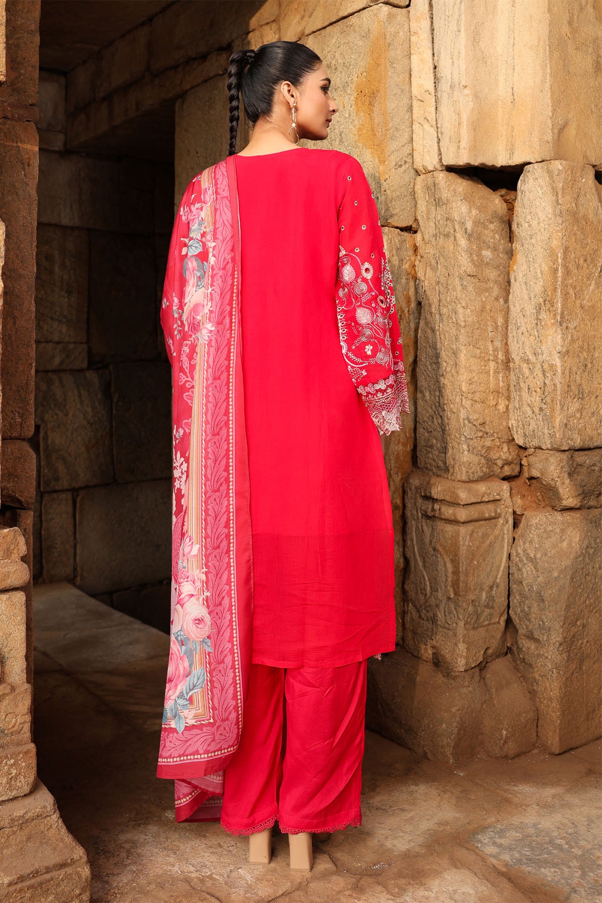 PINK MUL CHANDERI STRAIGHT KURTA WITH PANT AND DUPATTA