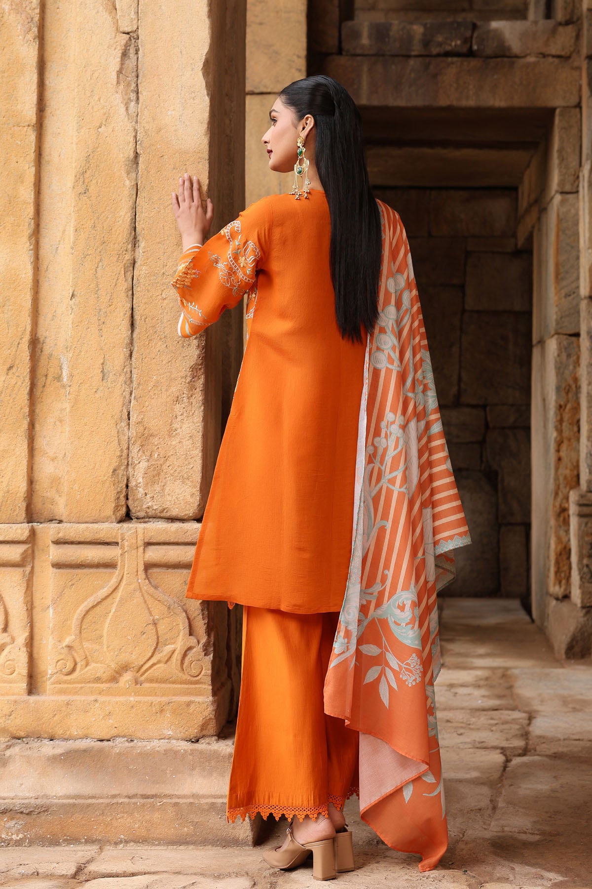 ORANGE MUL CHANDERI STRAIGHT KURTA WITH PANT AND DUPATTA