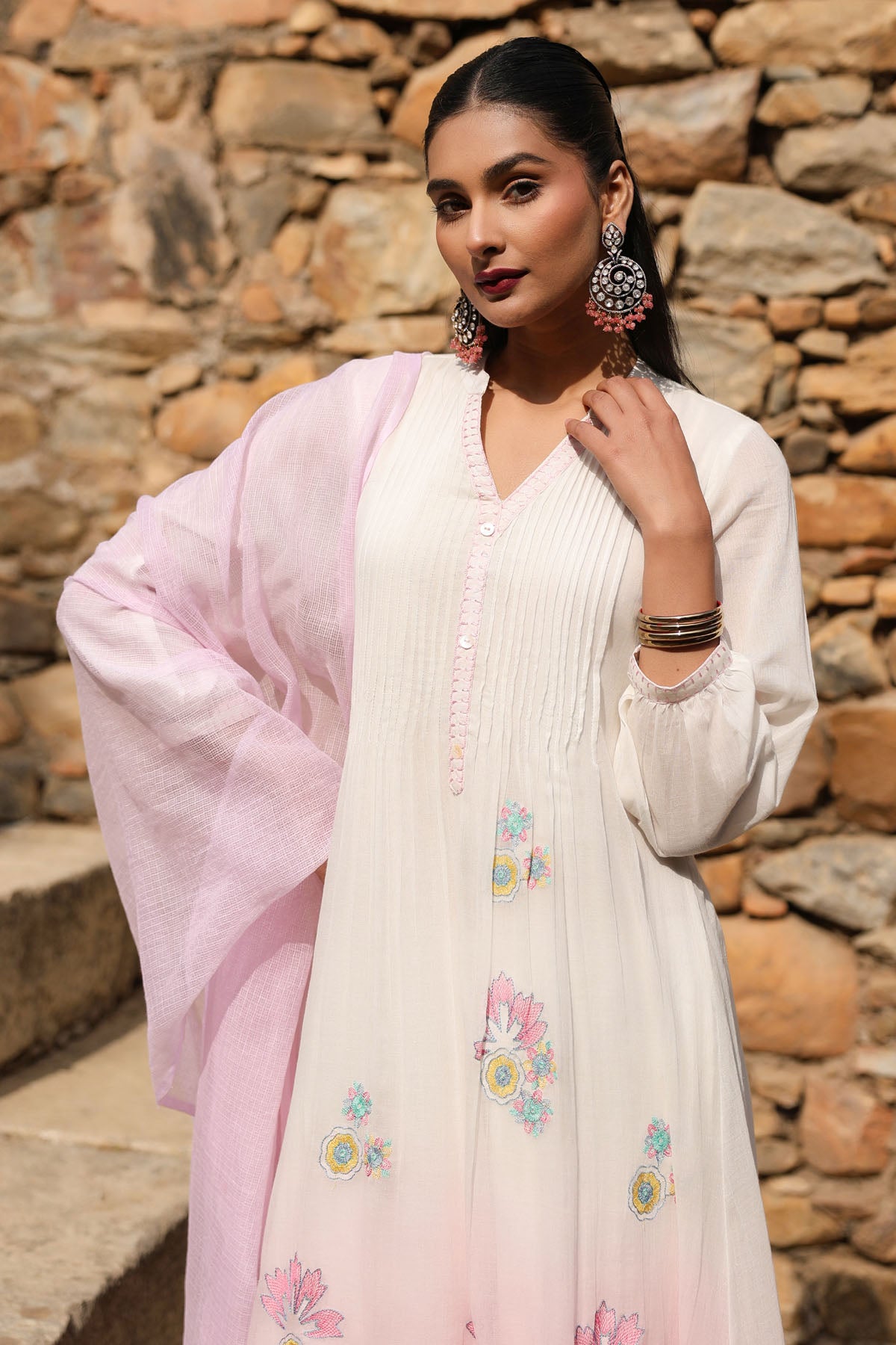 WHITE AND PINK MUL MUL A -LINE KURTA WITH PANT AND DUPATTA