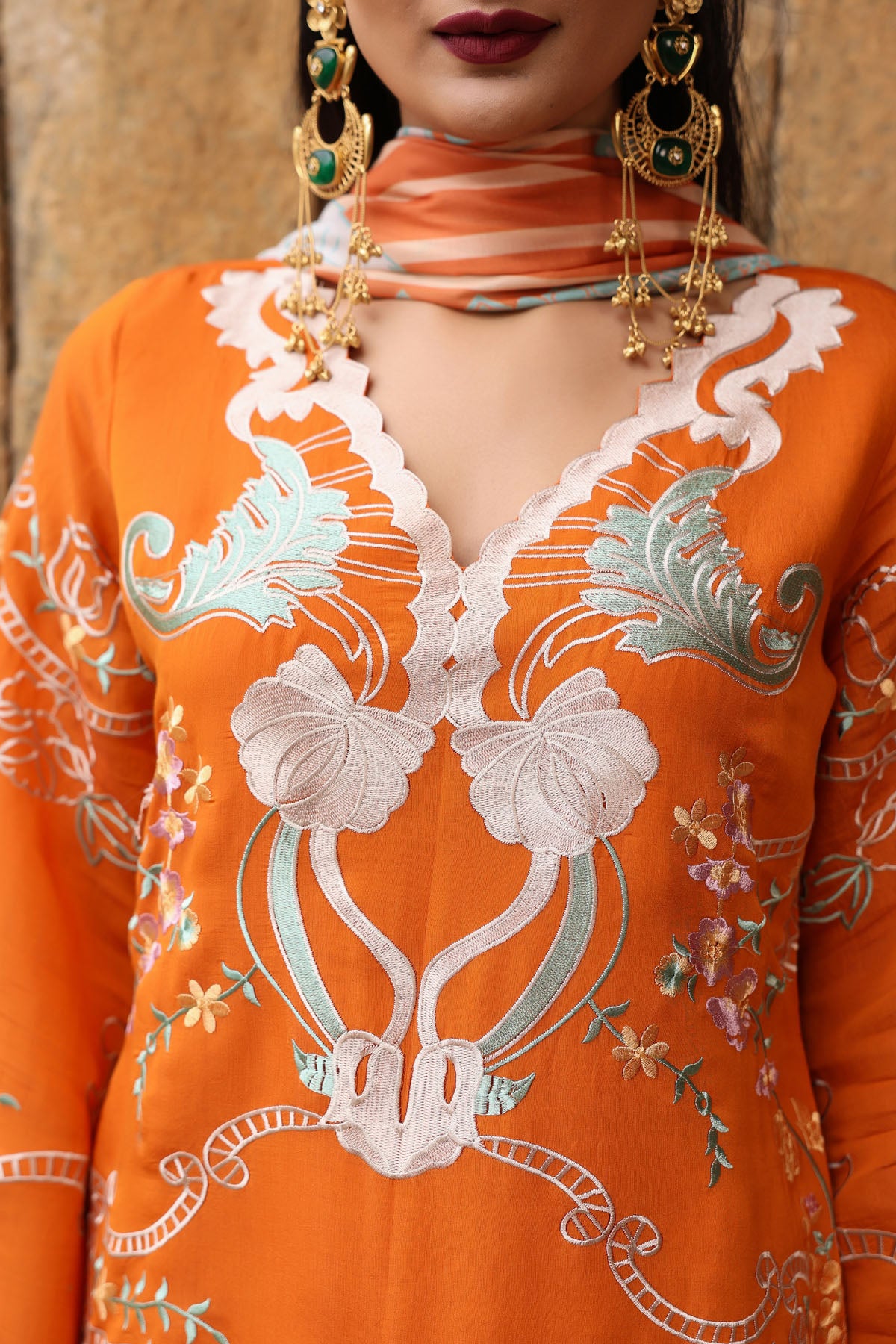 ORANGE MUL CHANDERI STRAIGHT KURTA WITH PANT AND DUPATTA