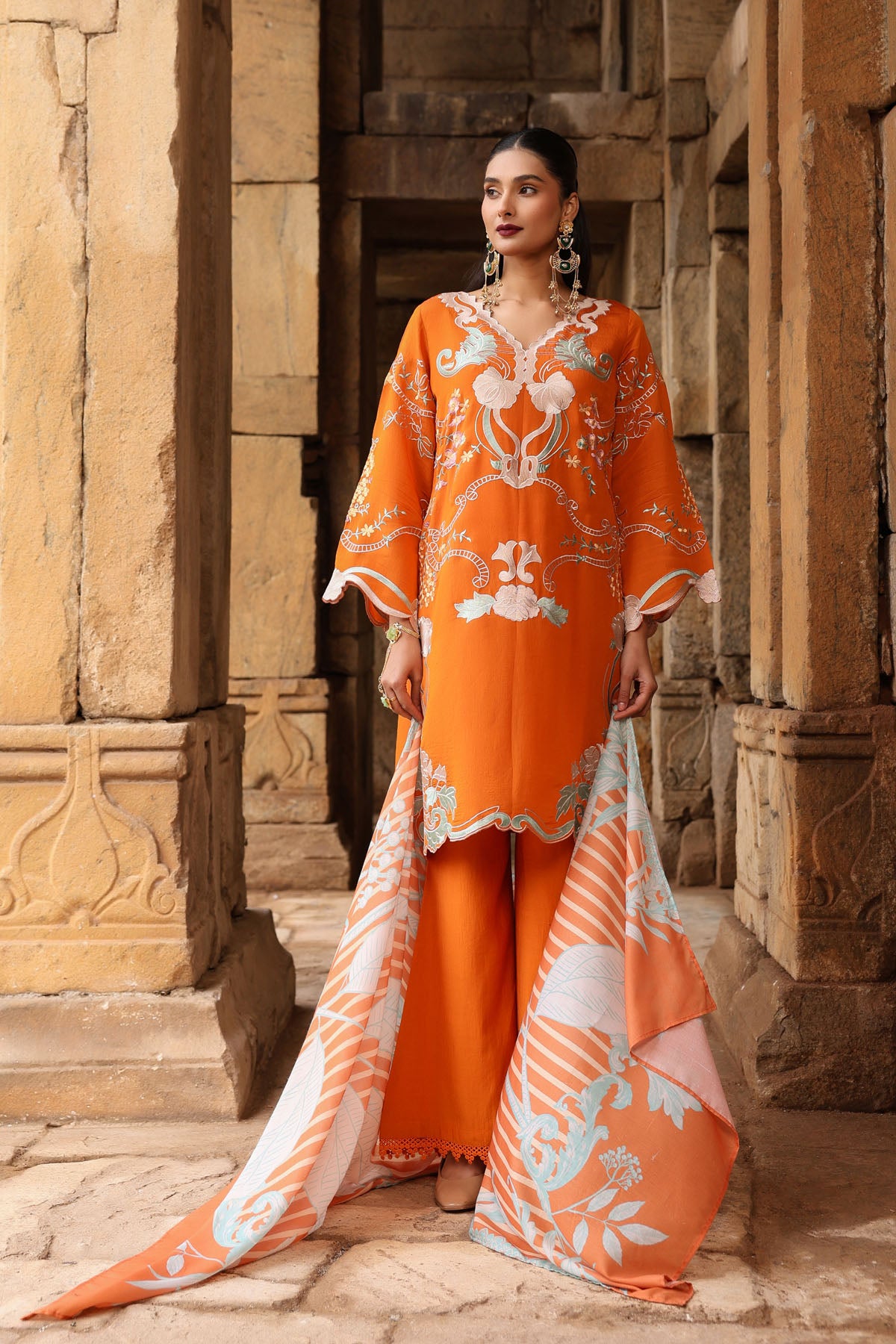 ORANGE MUL CHANDERI STRAIGHT KURTA WITH PANT AND DUPATTA