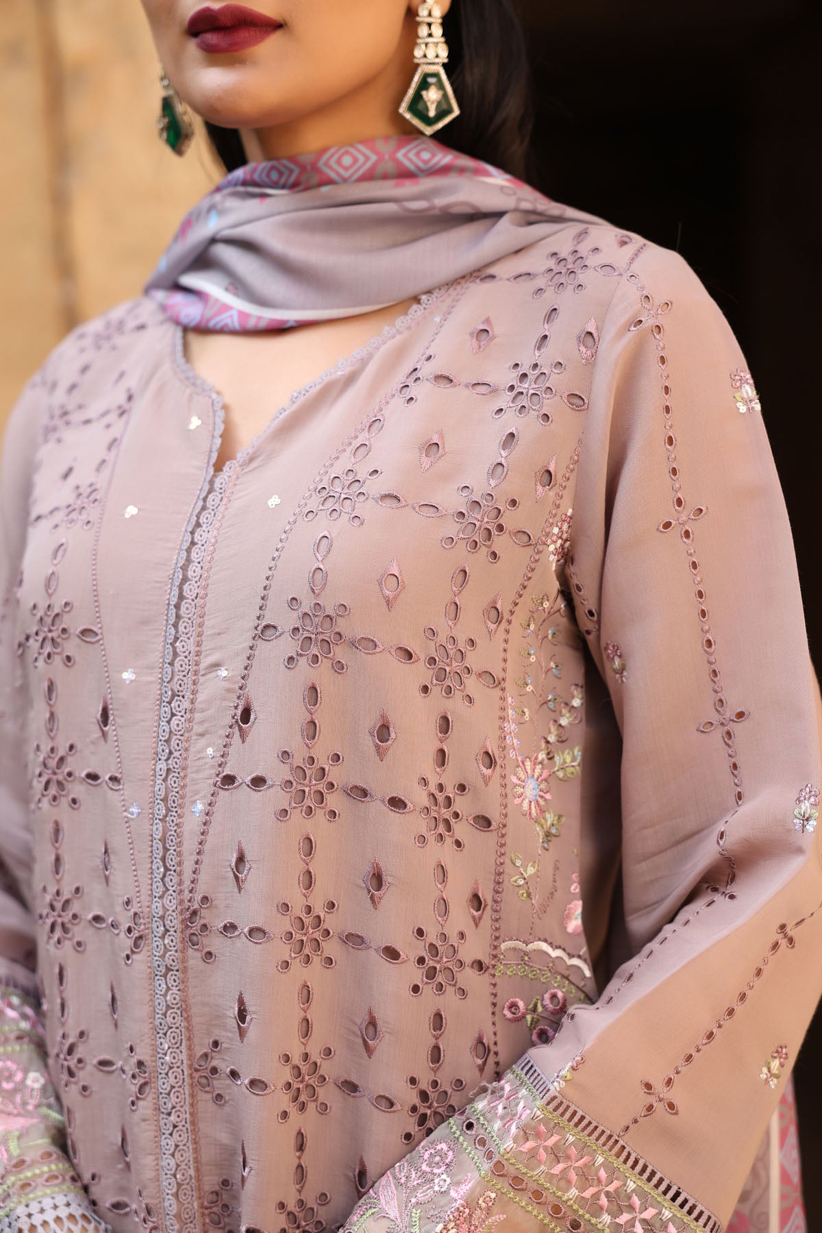 BROWN MUL CHANDERI STRAIGHT KURTA WITH PANT AND DUPATTA