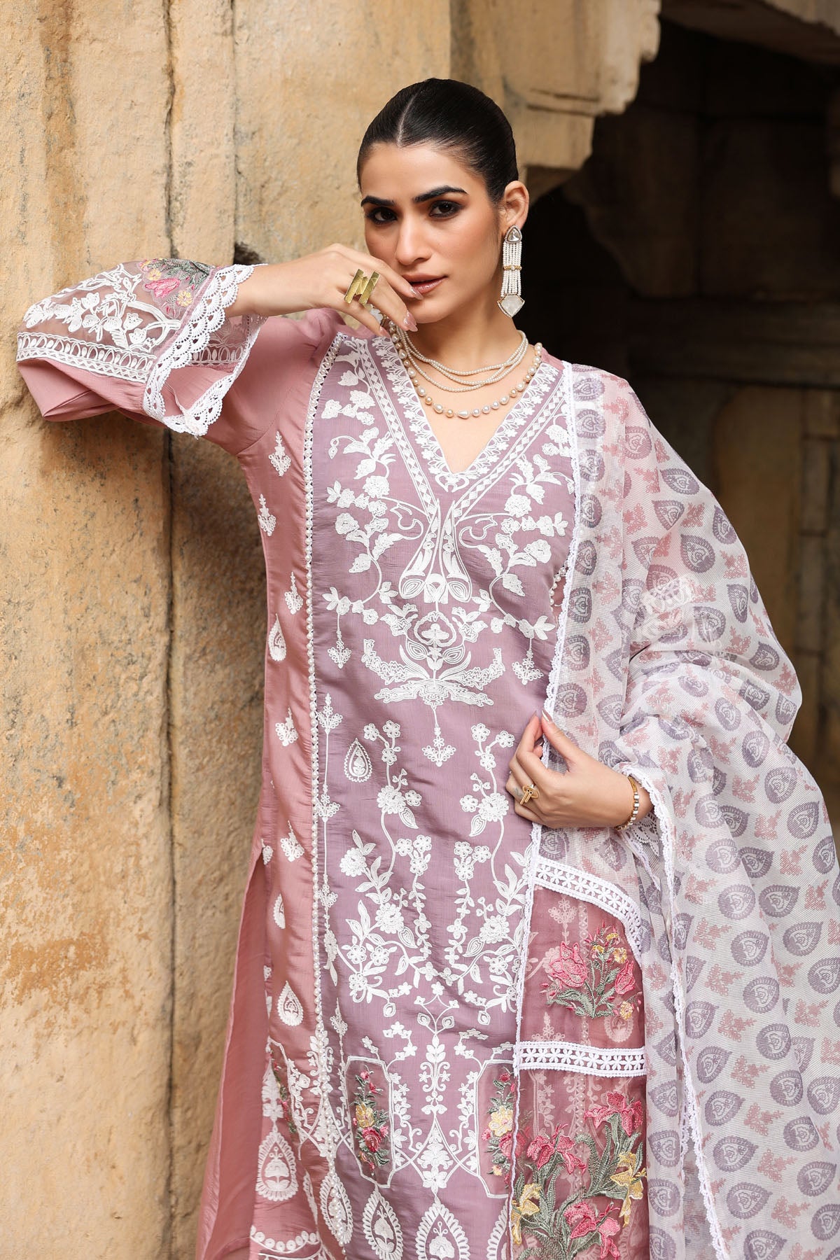 PINK MUL CHANDERI STRAIGHT KURTA WITH PANT AND DUPATTA