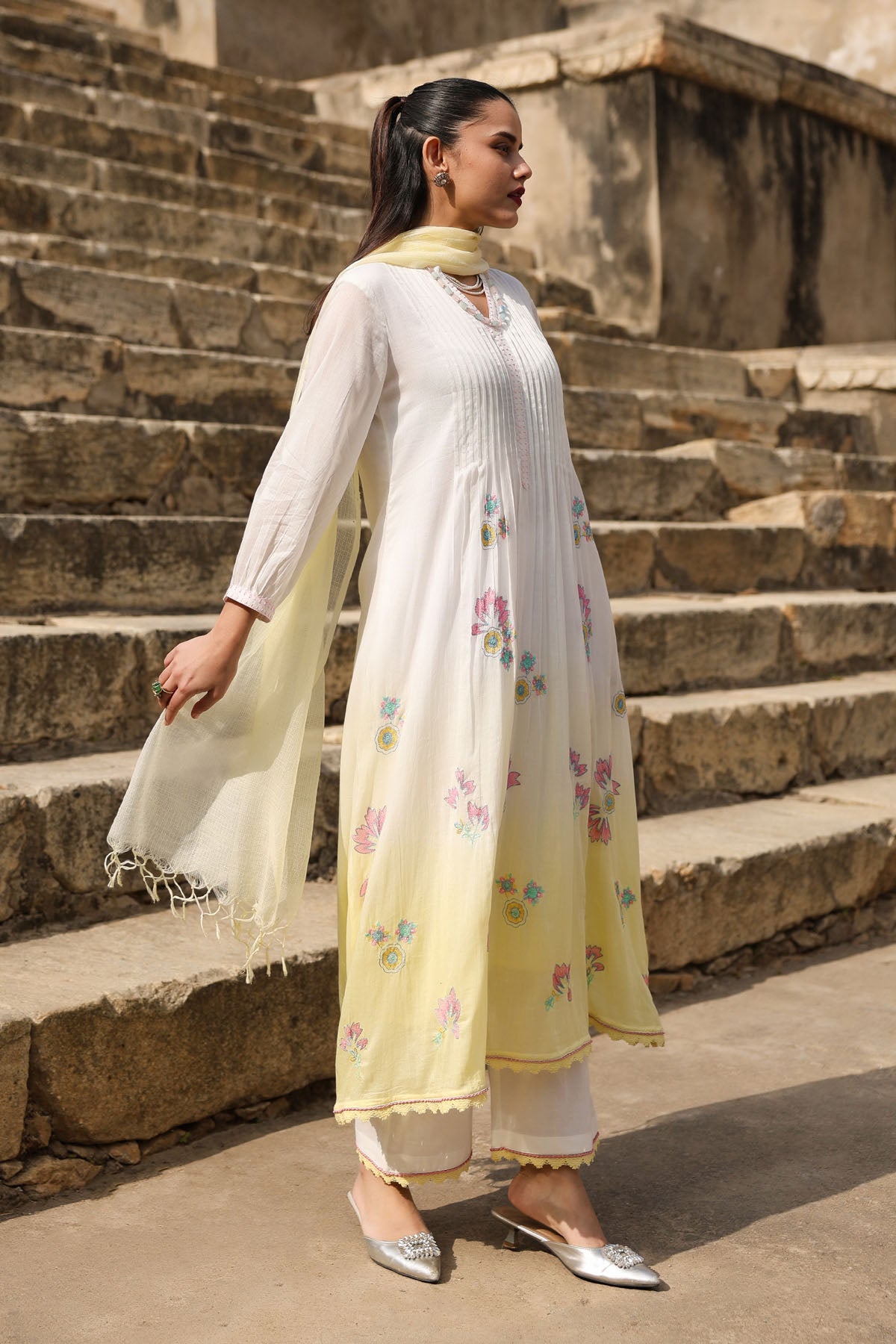 WHITE AND YELLOW MULMUL A -LINE KURTA WITH PANT AND DUPATTA