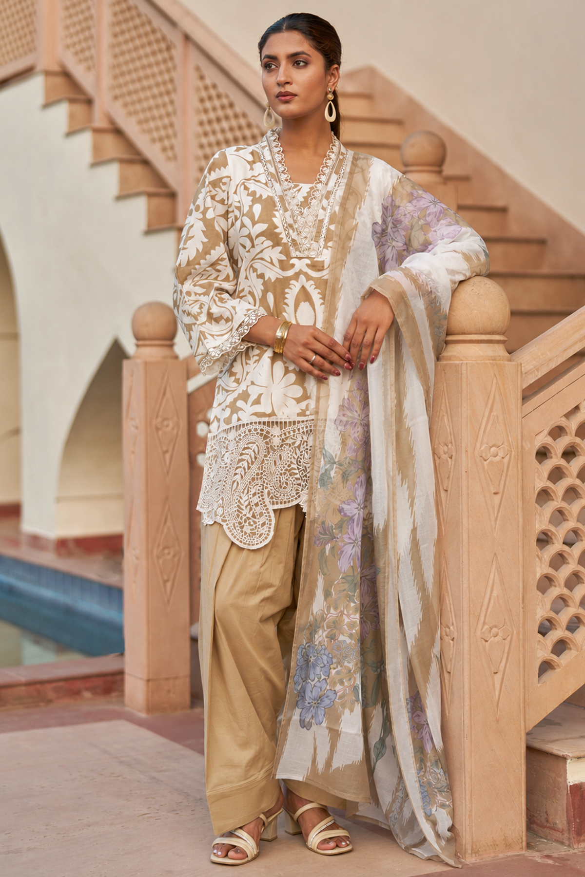 Brown cotton embroidered Farshi Suit Set With Dupatta
