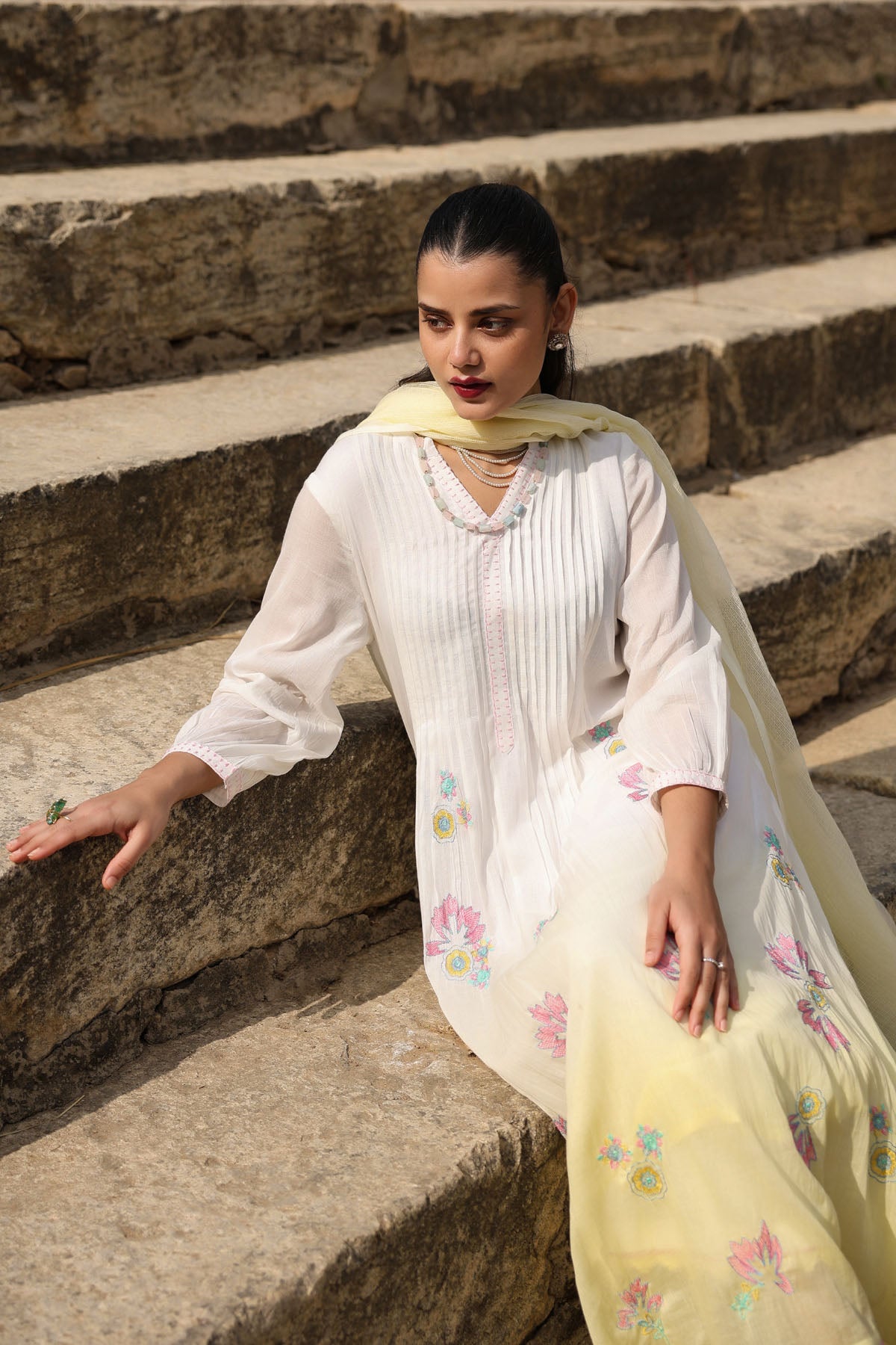 WHITE AND YELLOW MULMUL A -LINE KURTA WITH PANT AND DUPATTA
