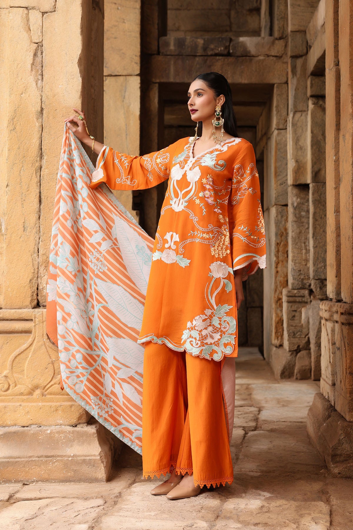 ORANGE MUL CHANDERI STRAIGHT KURTA WITH PANT AND DUPATTA