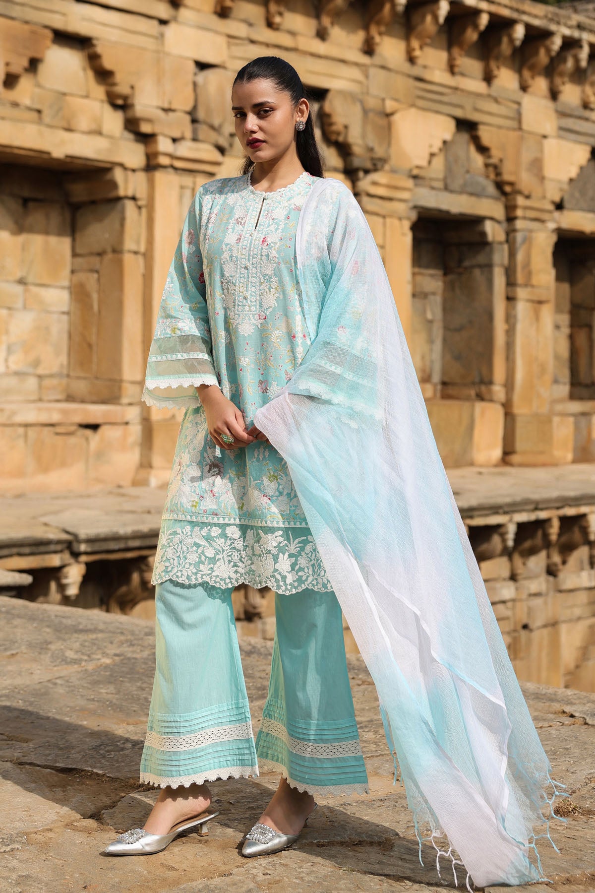 SKY COTTON STRAIGHT KURTA WITH PANT AND DUPATTA