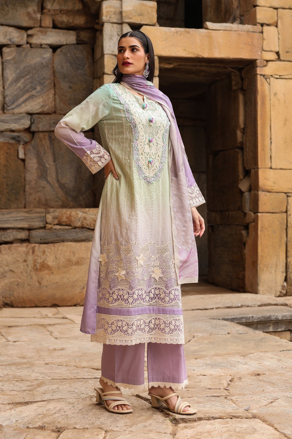GREEN COTTON STRAIGHT KURTA WITH PANT AND DUPATTA