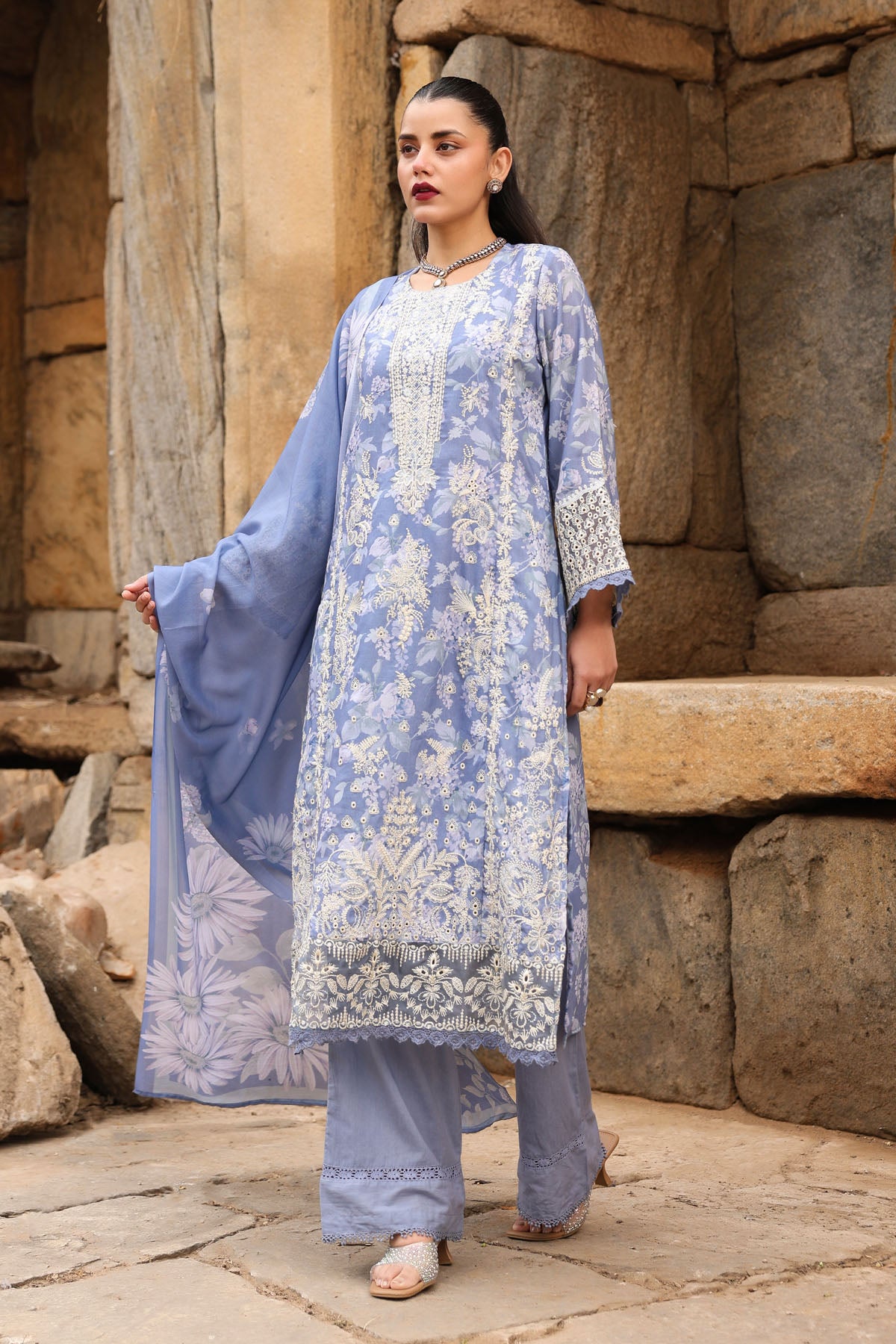 BLUE COTTON STRAIGHT KURTA WITH PANT AND DUPATTA