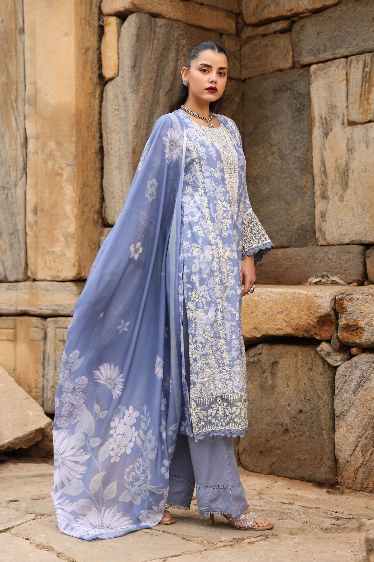 BLUE COTTON STRAIGHT KURTA WITH PANT AND DUPATTA