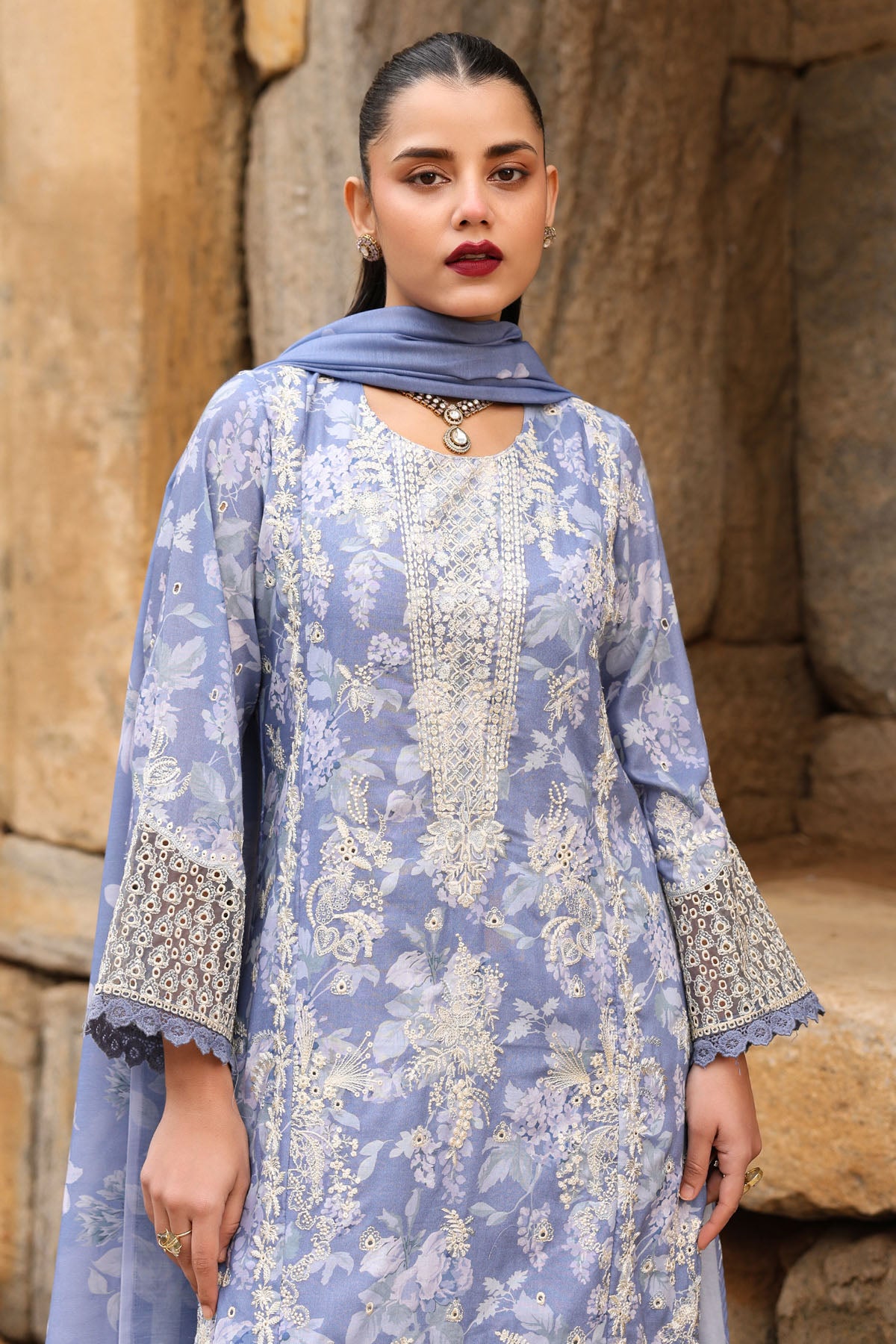 BLUE COTTON STRAIGHT KURTA WITH PANT AND DUPATTA