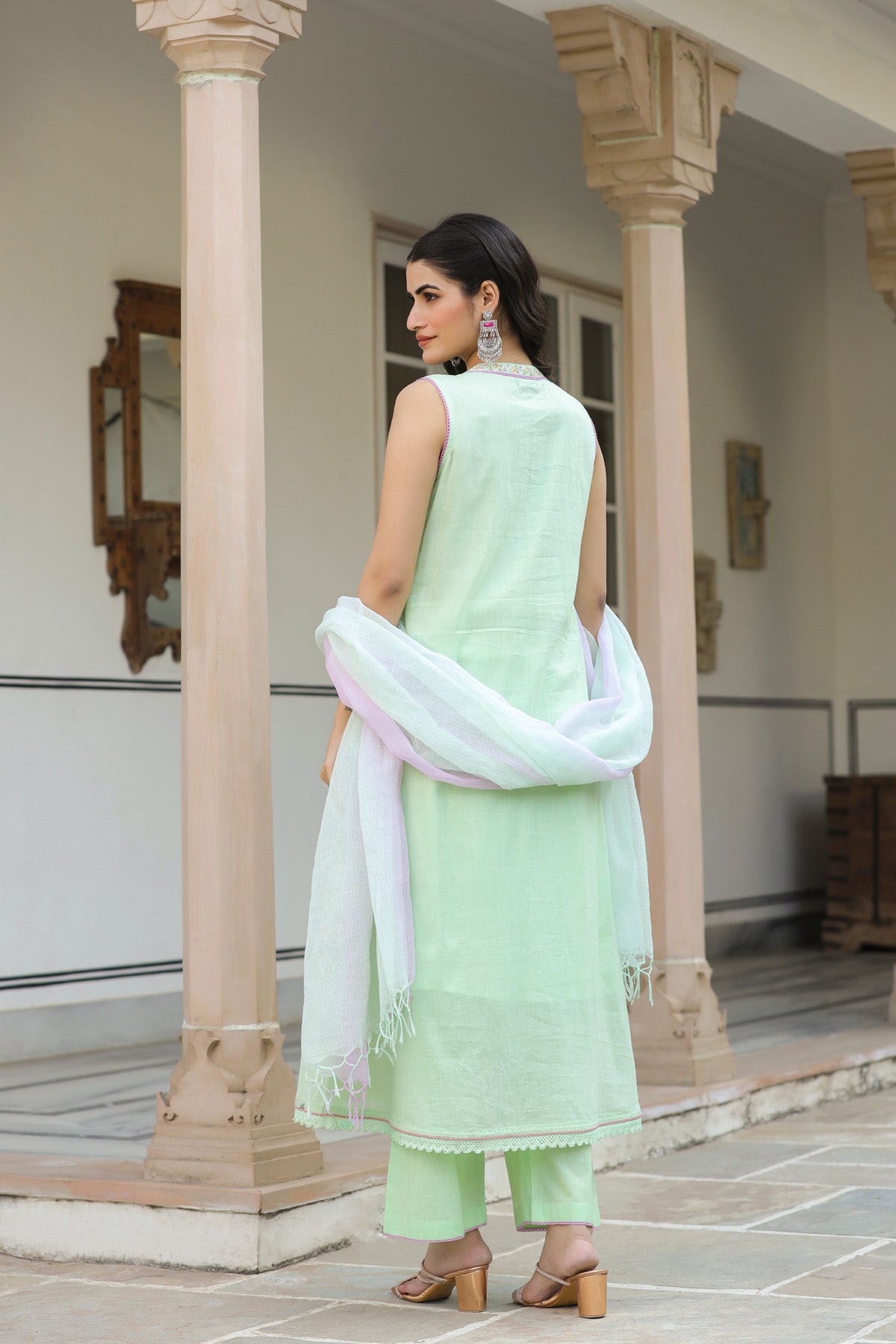 Light Green Mul Mul Embroidered Anarkali Suit Set With Dupata