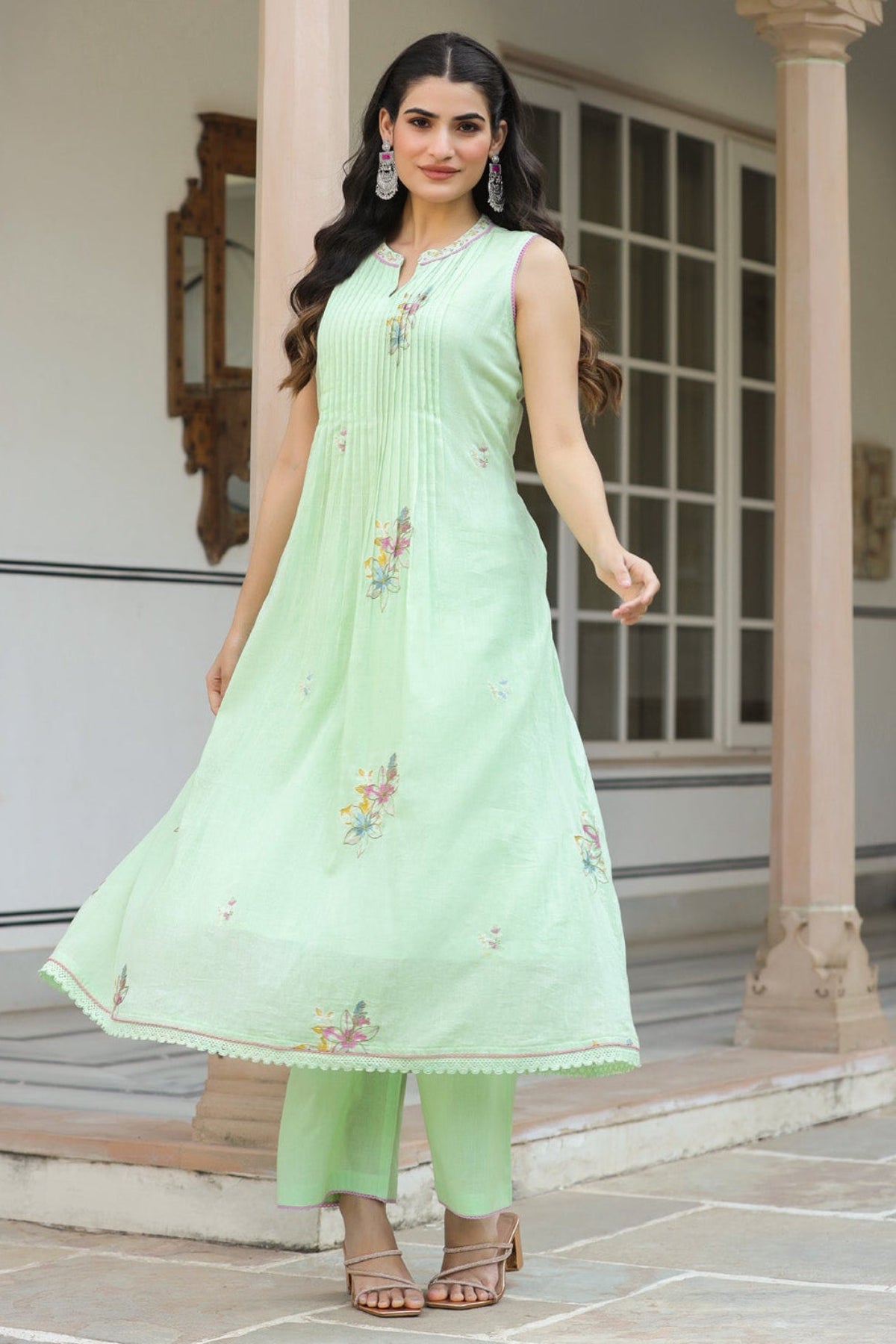 Light Green Mul Mul Embroidered Anarkali Suit Set With Dupata