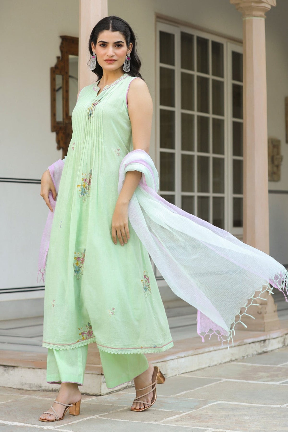 Light Green Mul Mul Embroidered Anarkali Suit Set With Dupata
