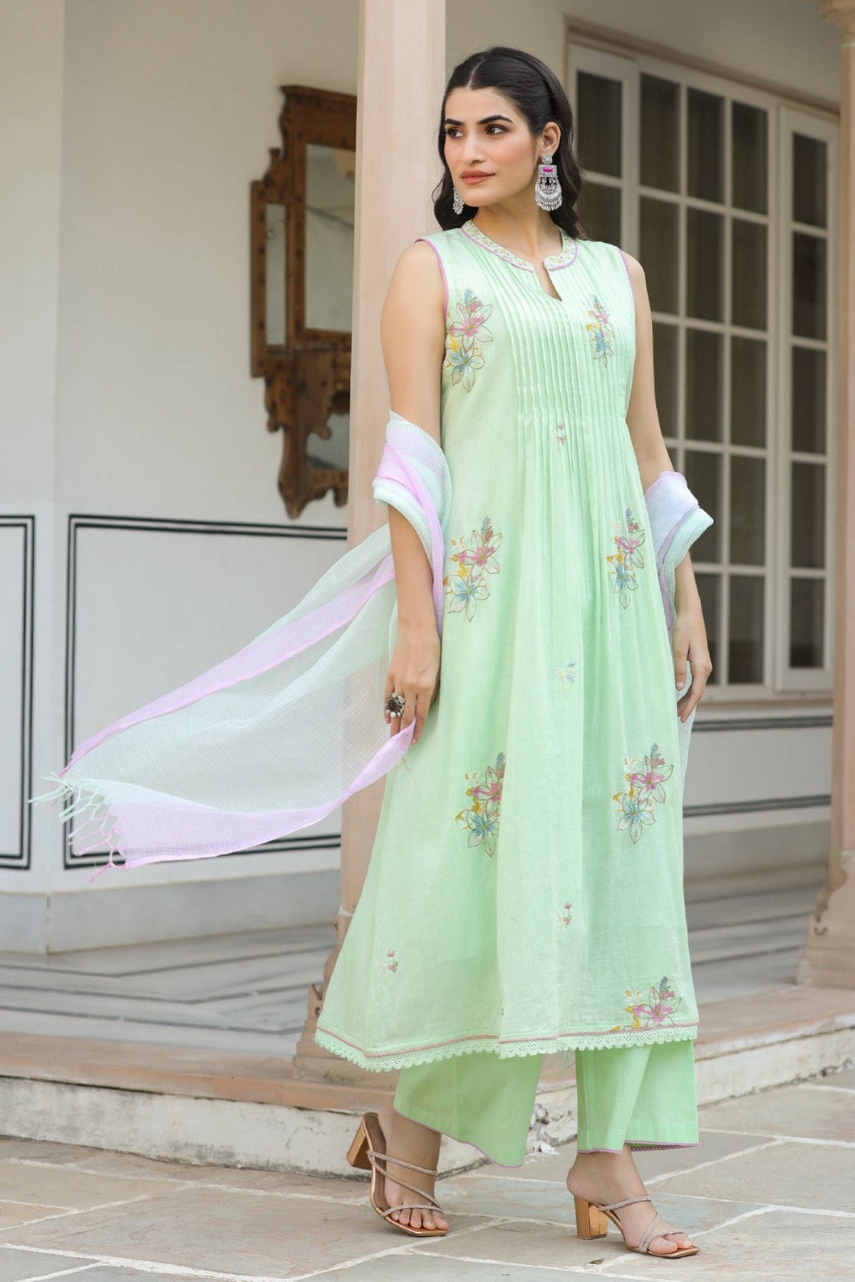 Light Green Mul Mul Embroidered Anarkali Suit Set With Dupata