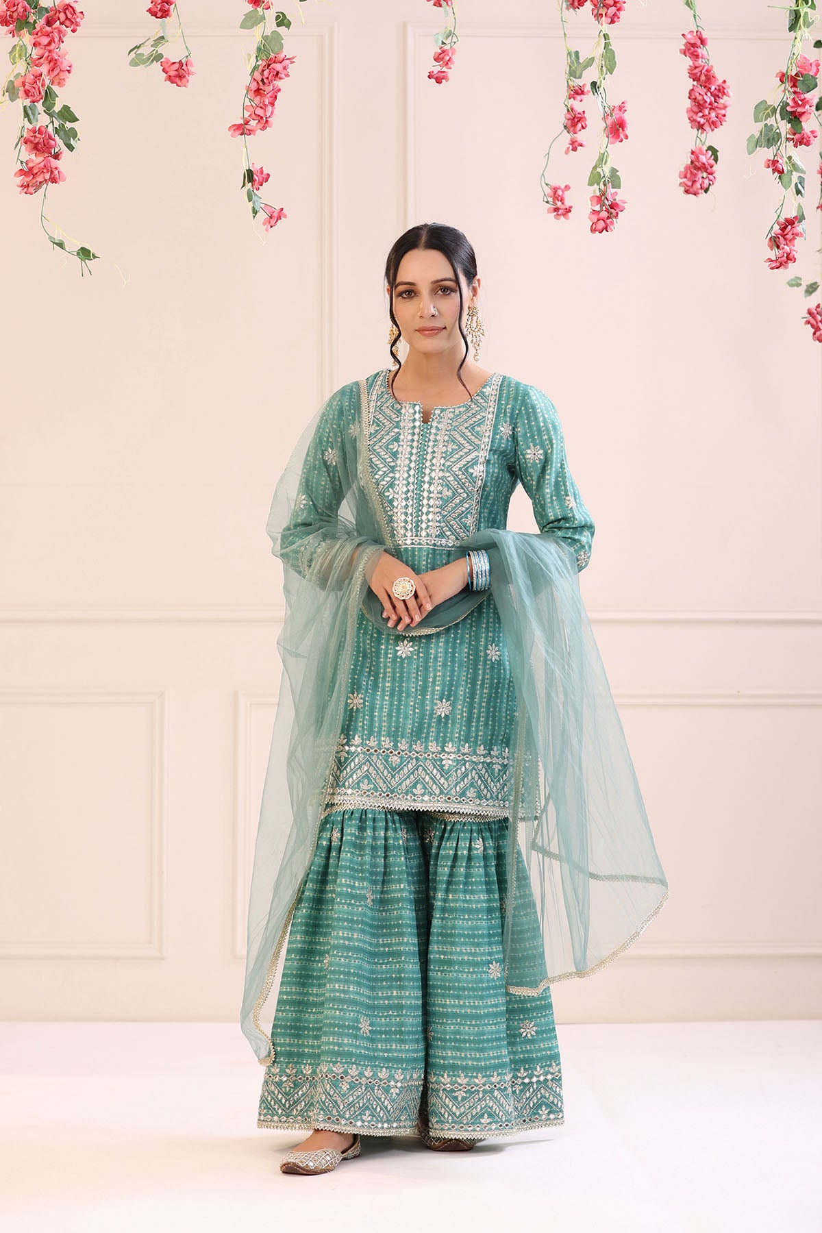 Sea Green Muslin Embroidered Sharara Set