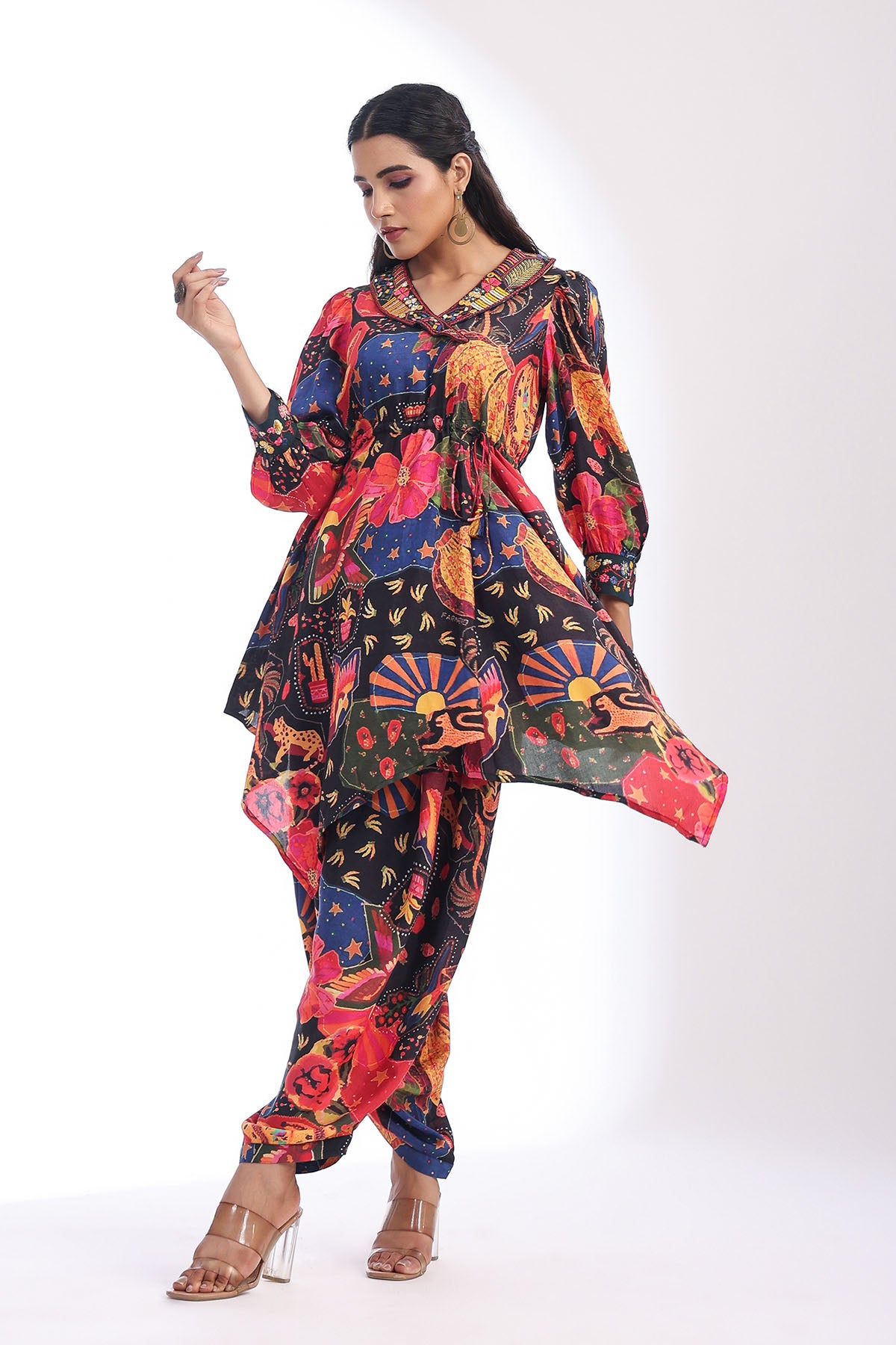Black Multicolor Muslin Printed Co-ord Set
