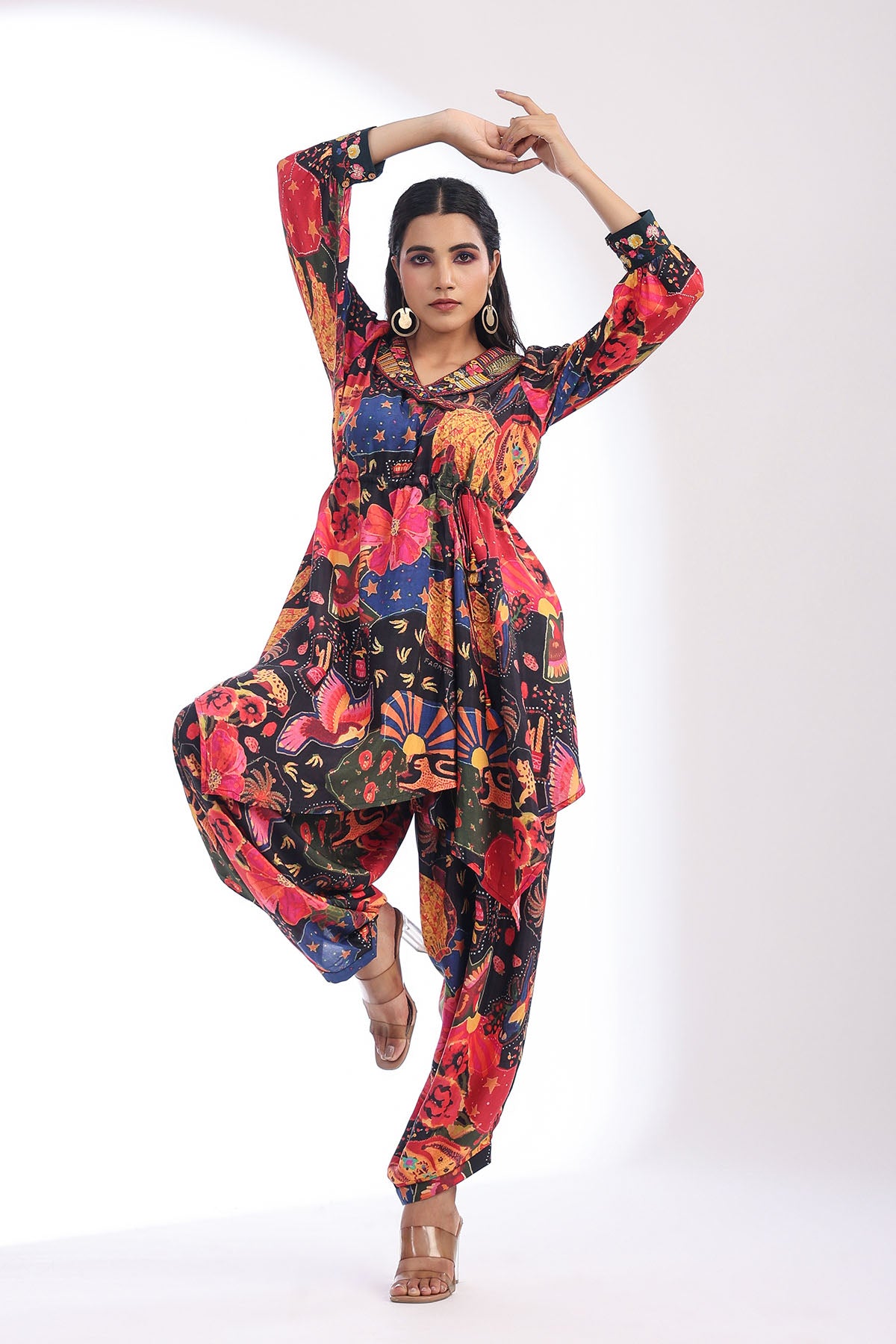Black Multicolor Muslin Printed Co-ord Set