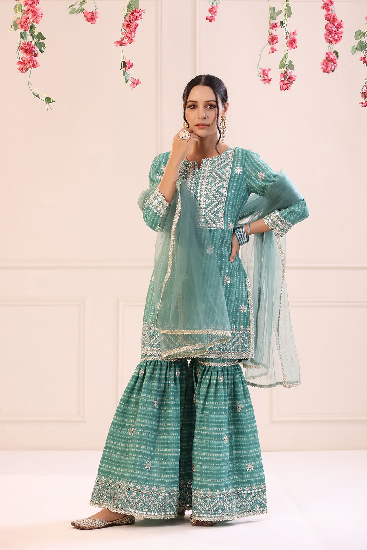Sea Green Muslin Embroidered Sharara Set