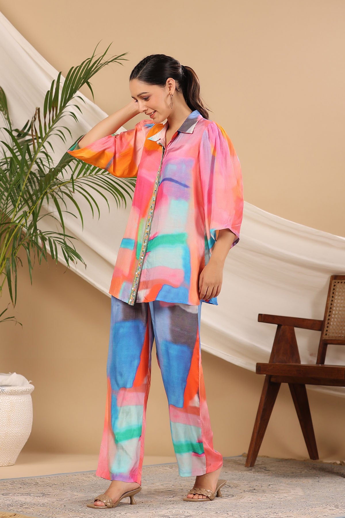 Pink Multicolor Muslin handwork Co-ord Set