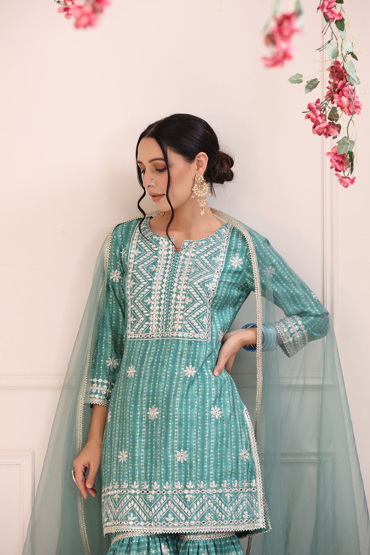 Sea Green Muslin Embroidered Sharara Set