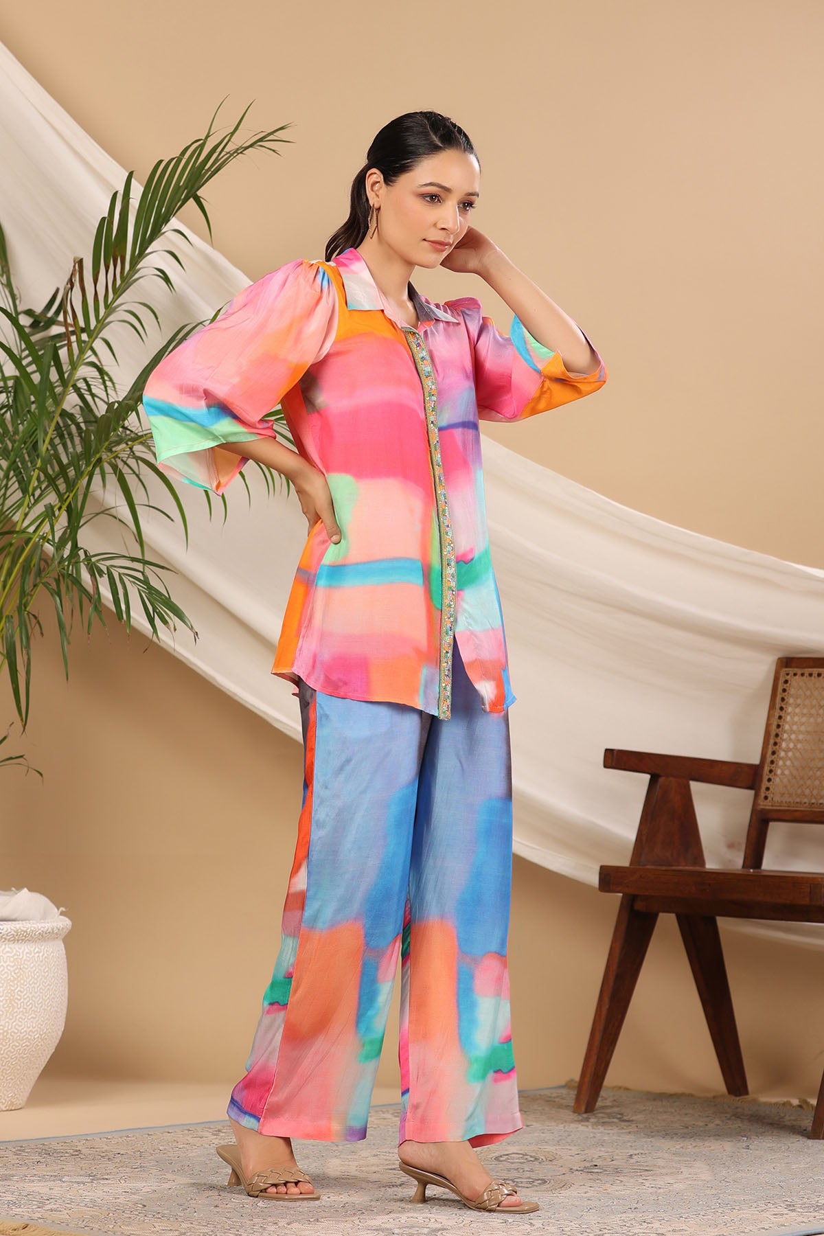 Pink Multicolor Muslin handwork Co-ord Set