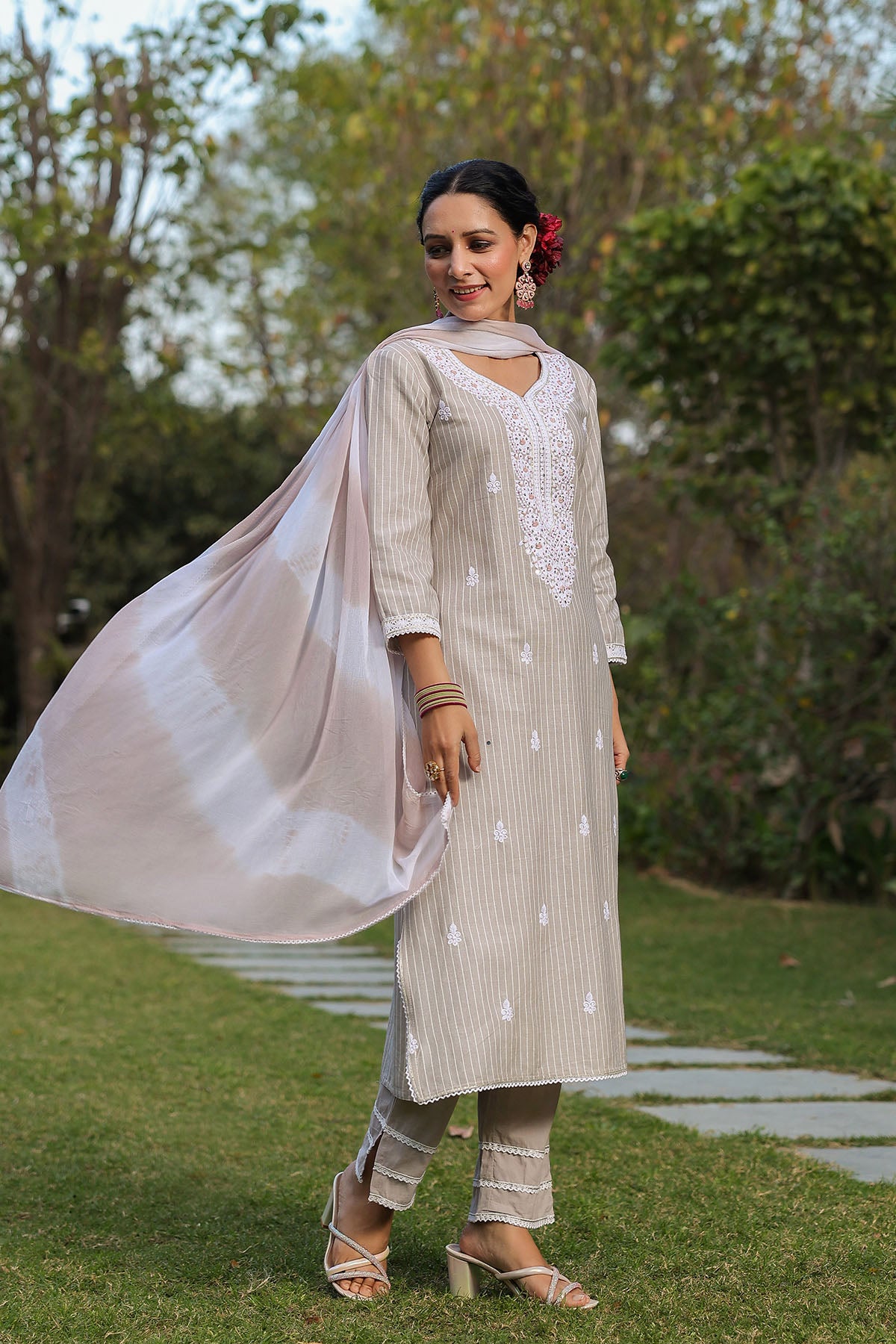 Grey Cotton Handwork Straight Suit